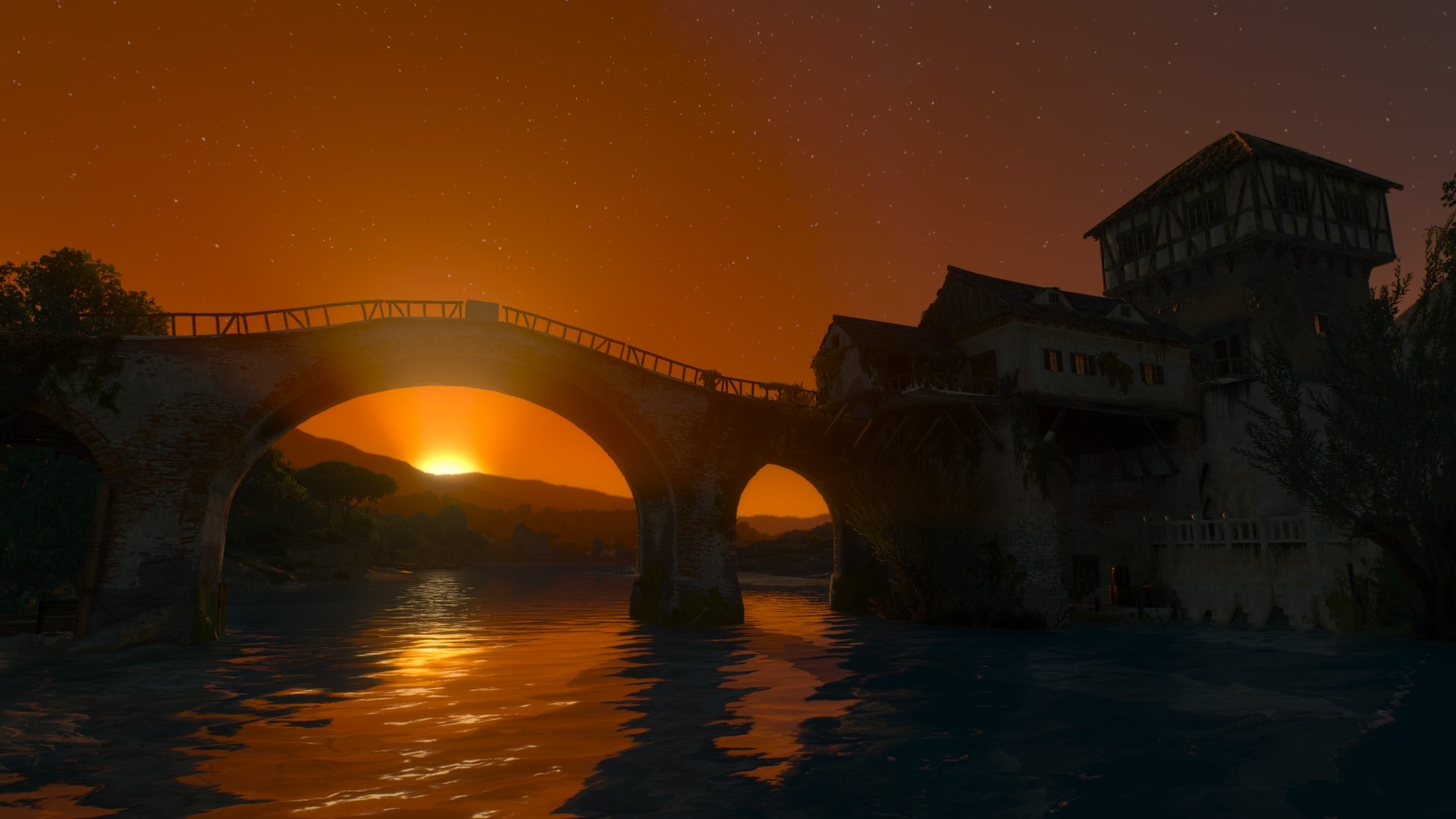 The Witcher 3: Wild Hunt bridge at sunset HD Wallpaper