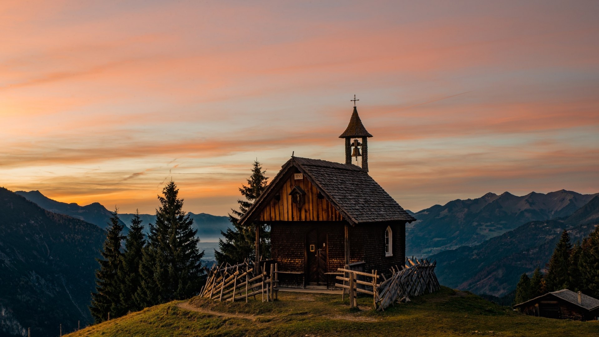 Chapel in Austrian Alps at Sunset HD Wallpaper