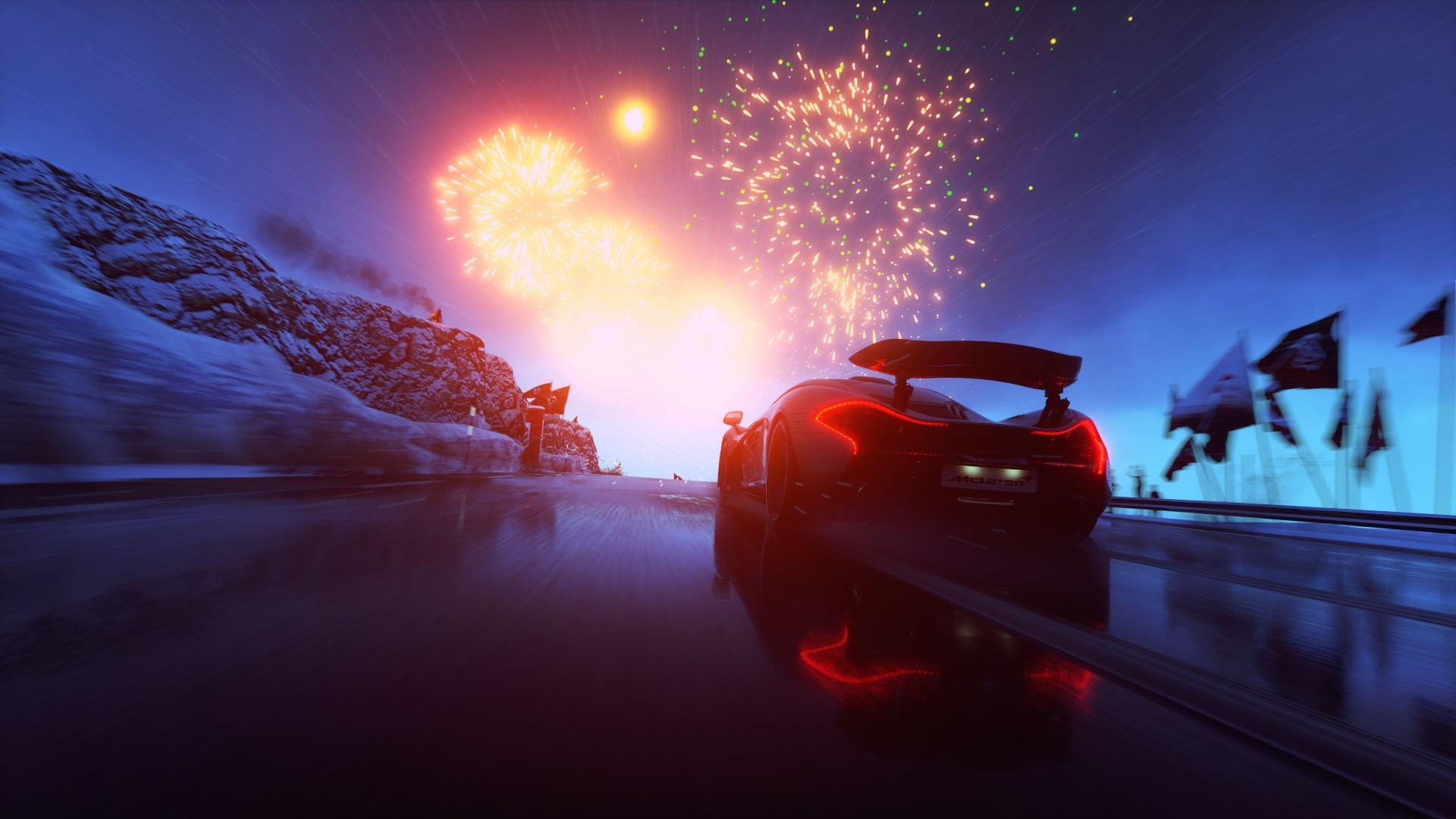 McLaren P1 racing with fireworks HD Wallpaper