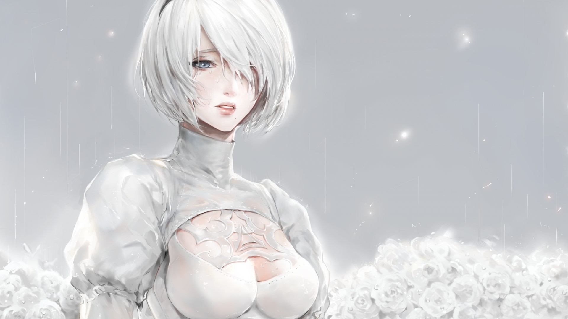 2B from Nier Automata in white dress HD Wallpaper