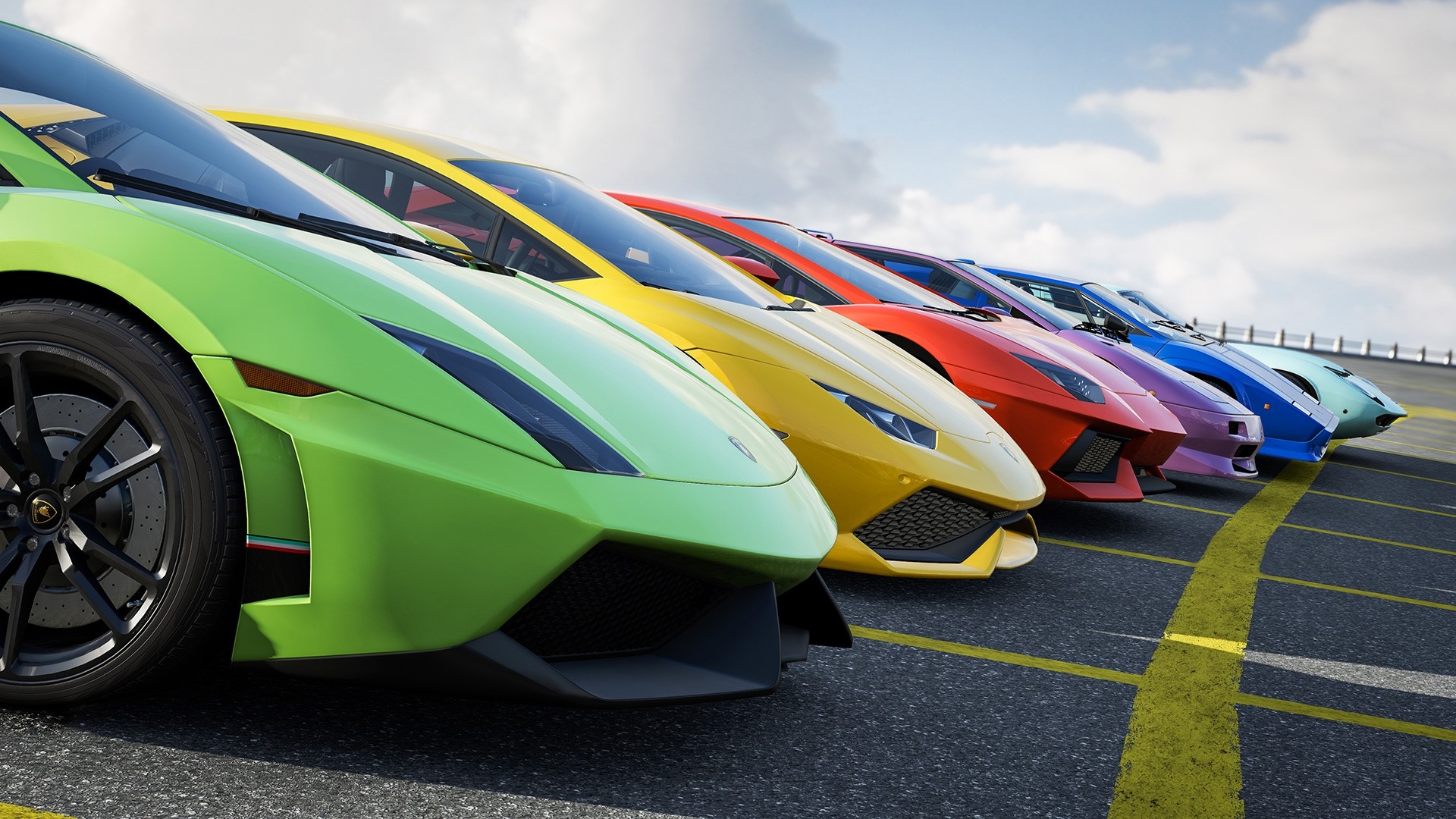 Lamborghini cars lined up in Forza Motorsport 6 HD Wallpaper