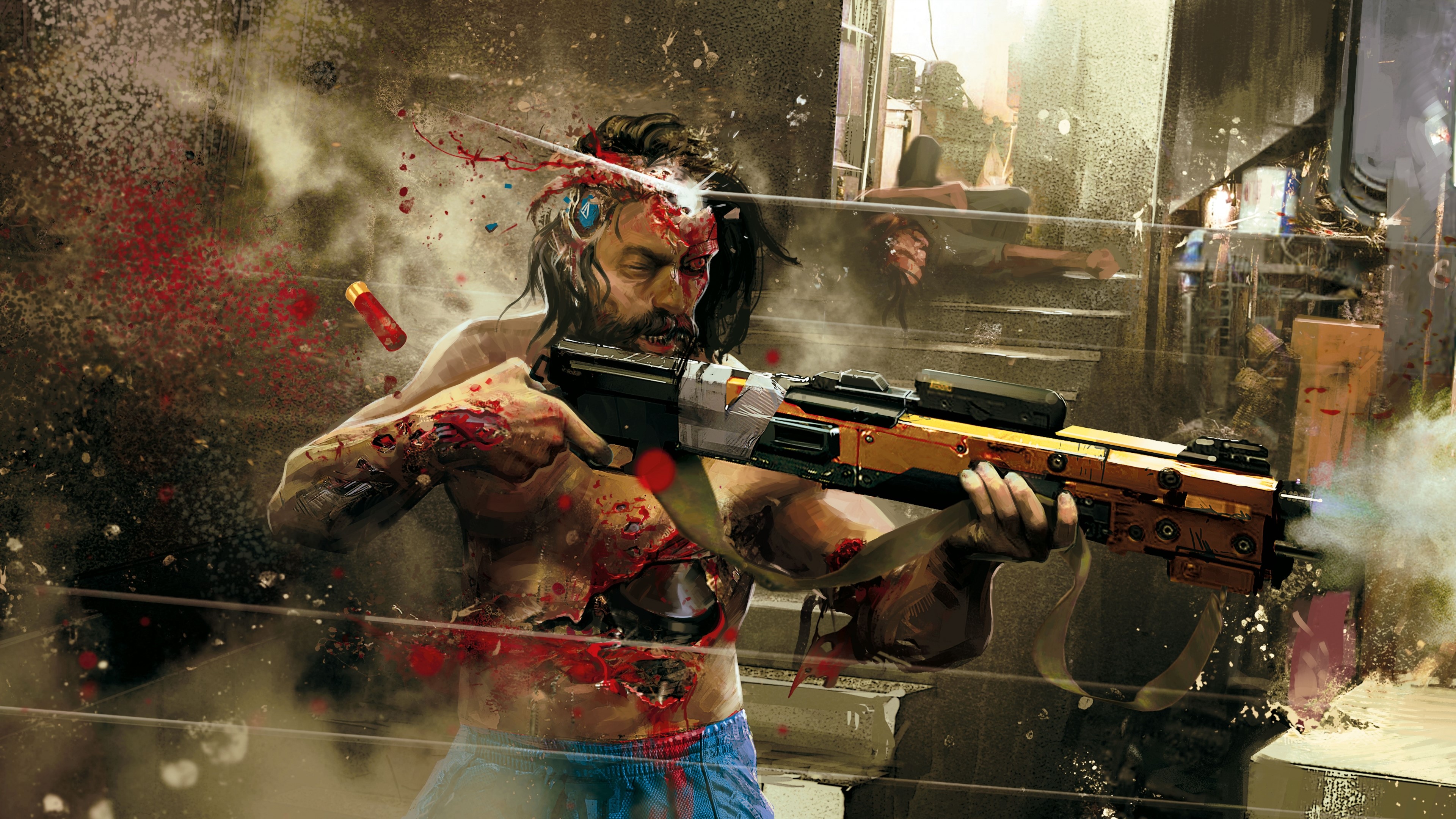 Man with shotgun wound firing weapon in Cyberpunk 2077 HD Wallpaper
