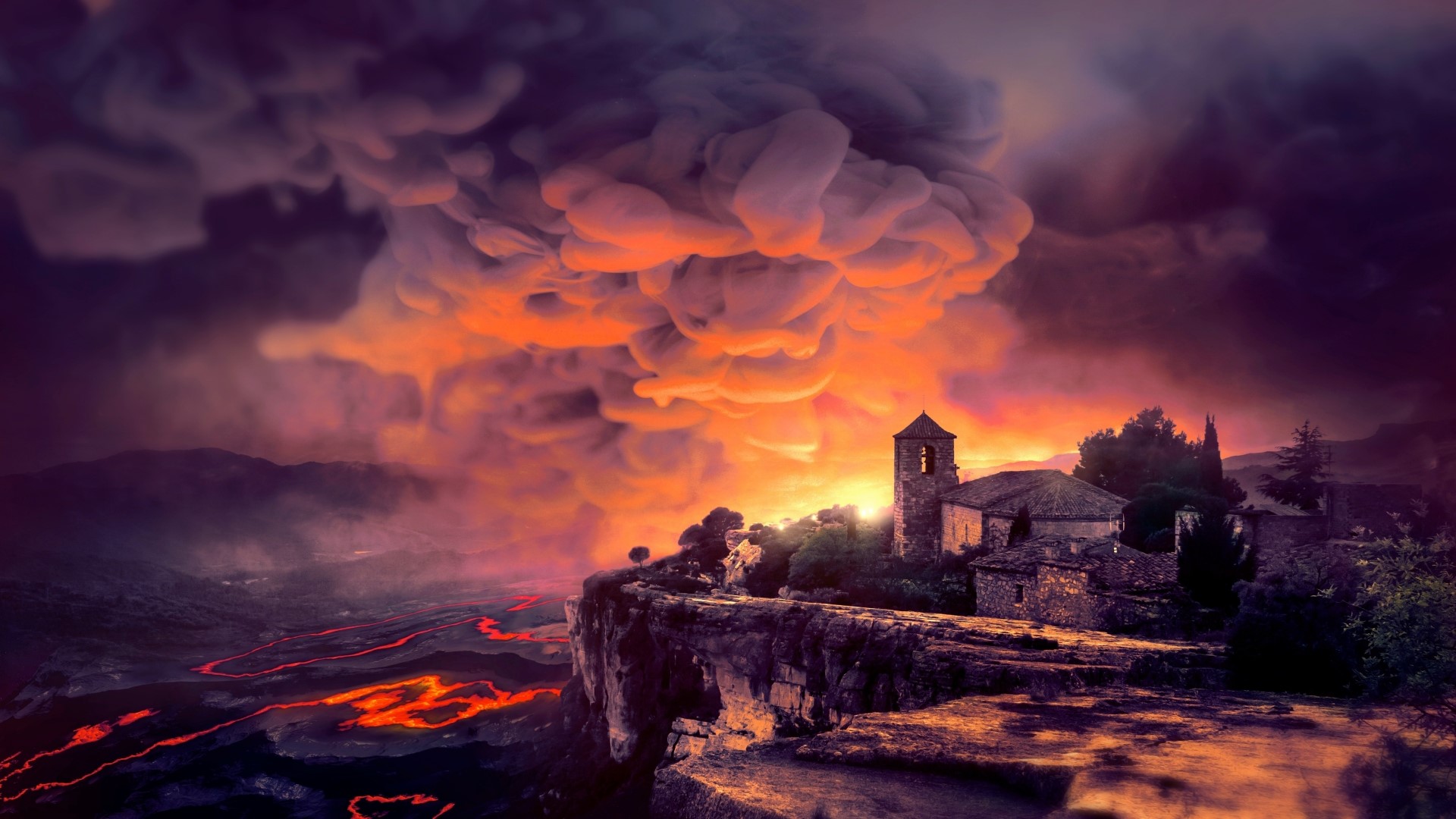 Volcanic eruption over a village with lava flow HD Wallpaper