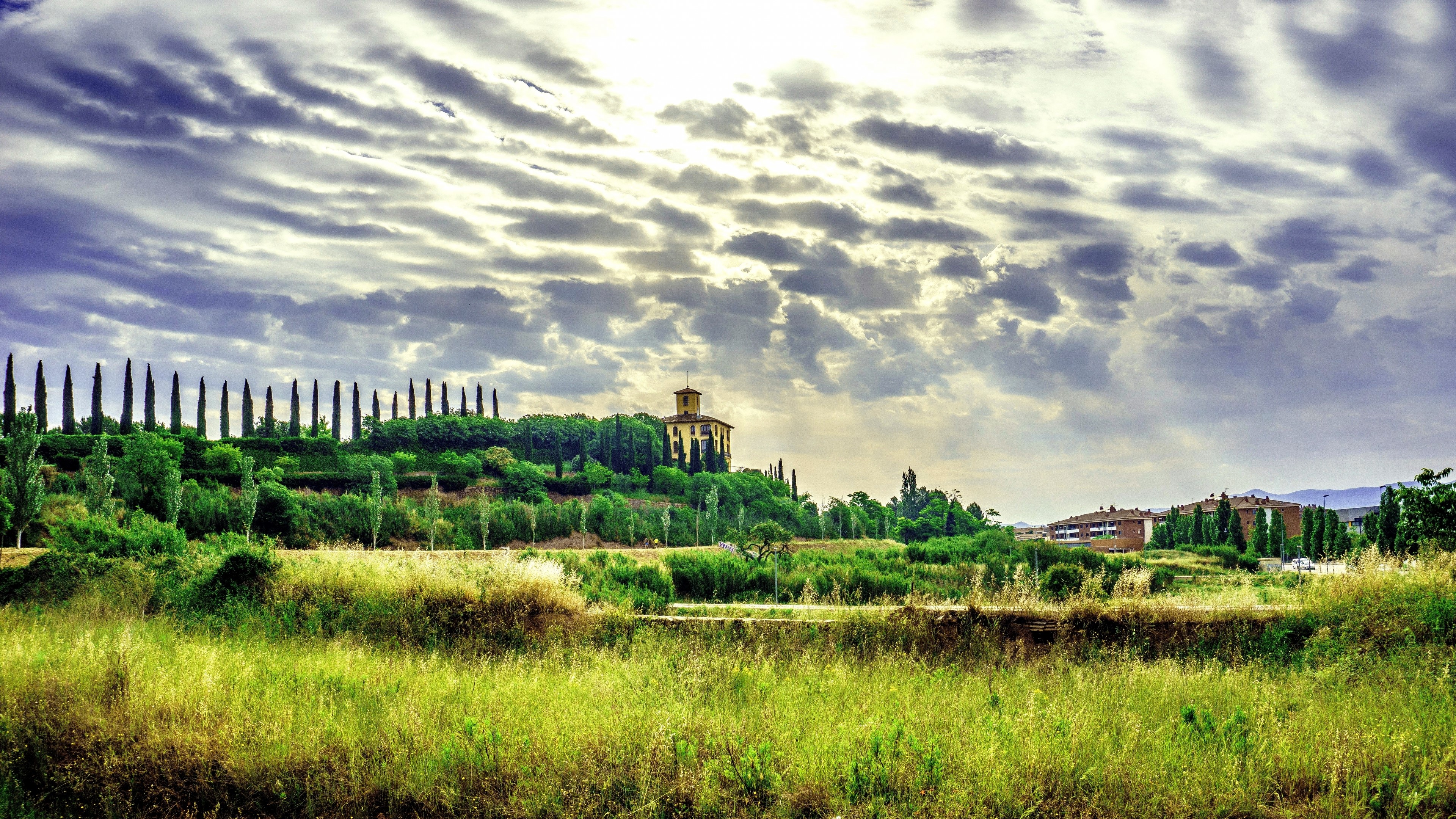 4K Nature Landscape with Building and Clouds HD Wallpaper