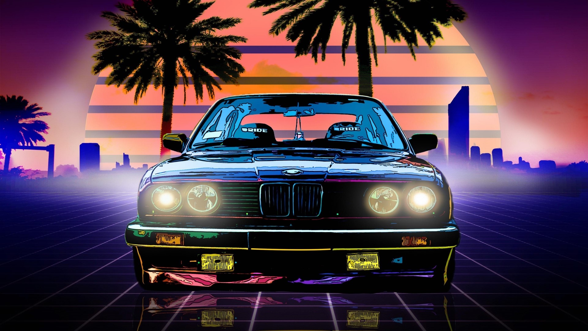 BMW E30 with Palm Trees and Sunset HD Wallpaper