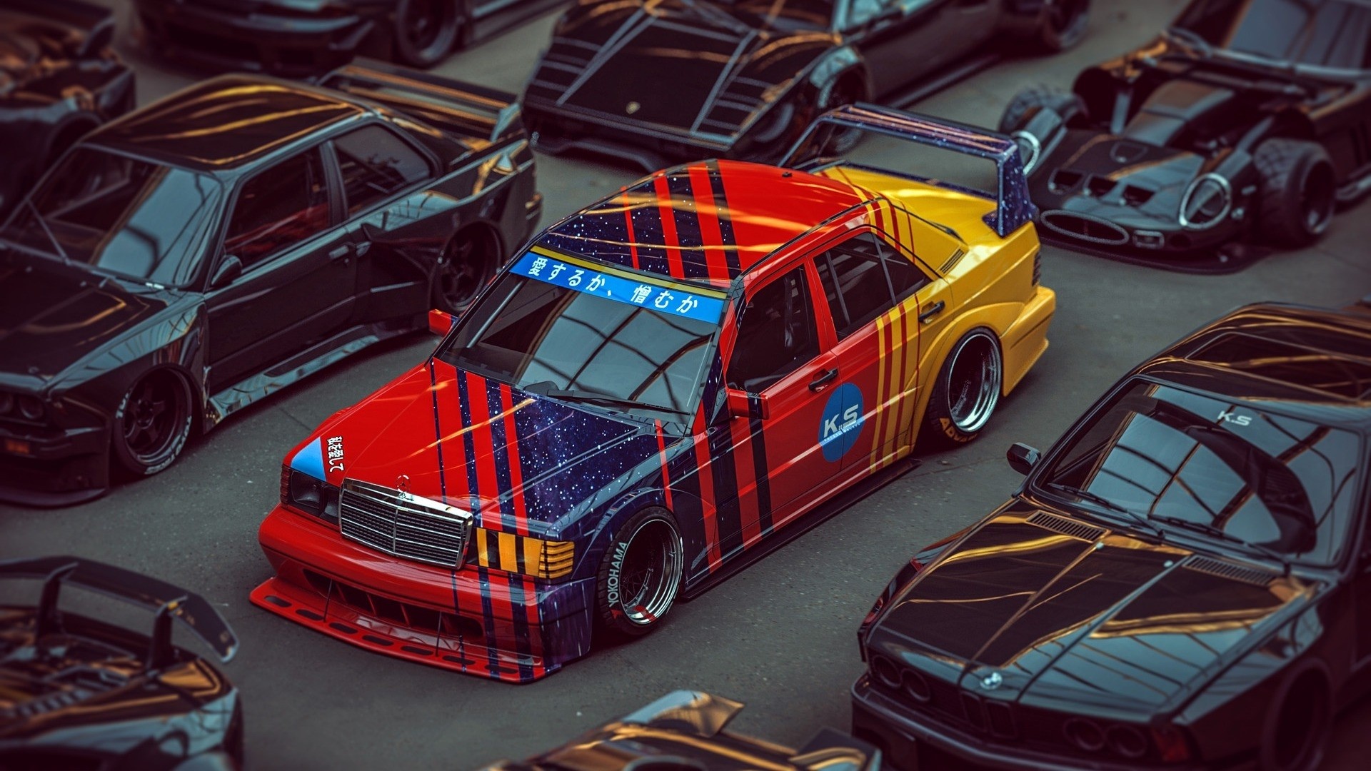 Customized Mercedes-Benz 190E with other tuned cars HD Wallpaper