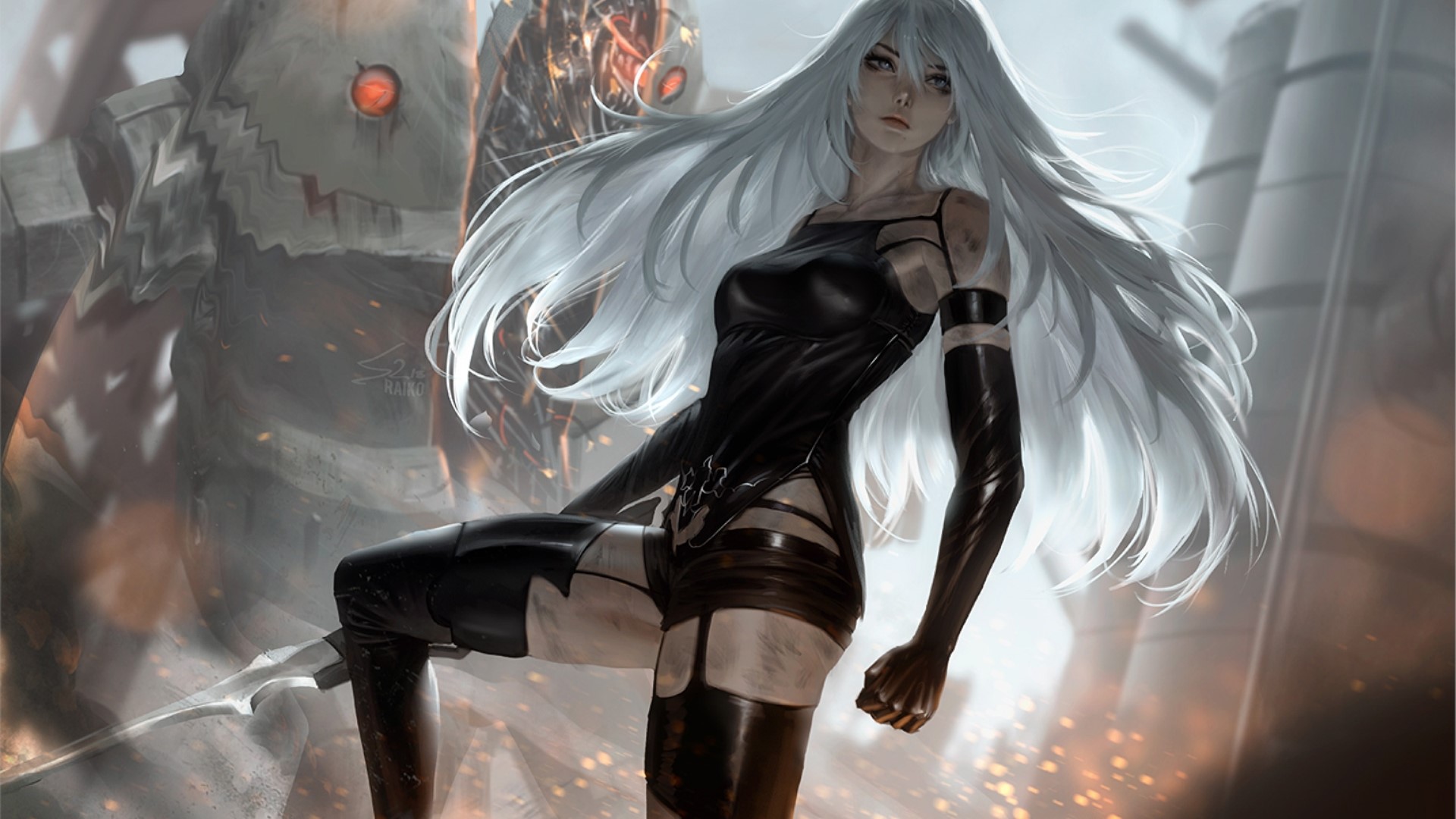A2 from Nier: Automata with a large robot HD Wallpaper