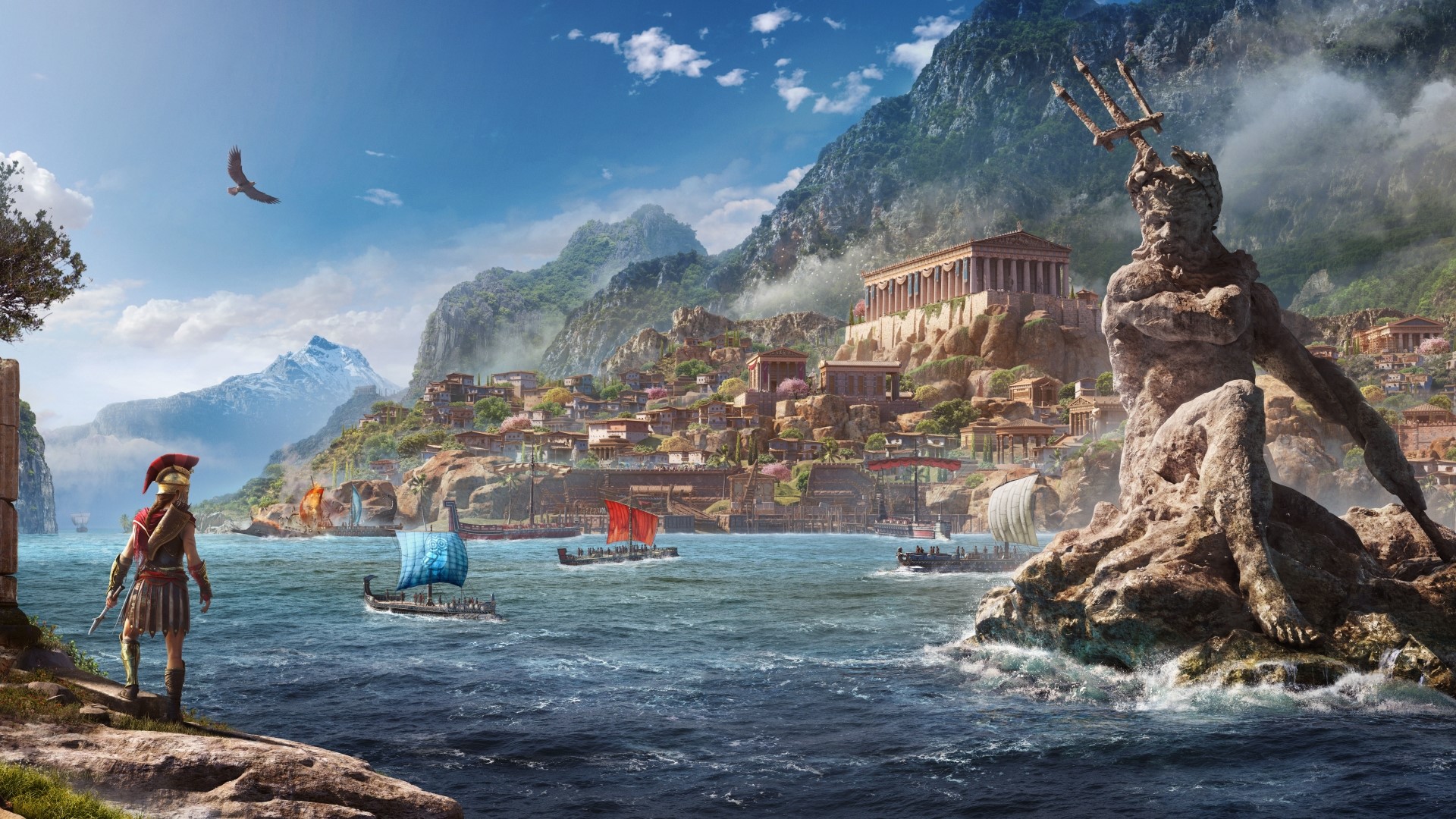 Assassin's Creed Odyssey: Spartan Warrior and Colossus Statue HD Wallpaper