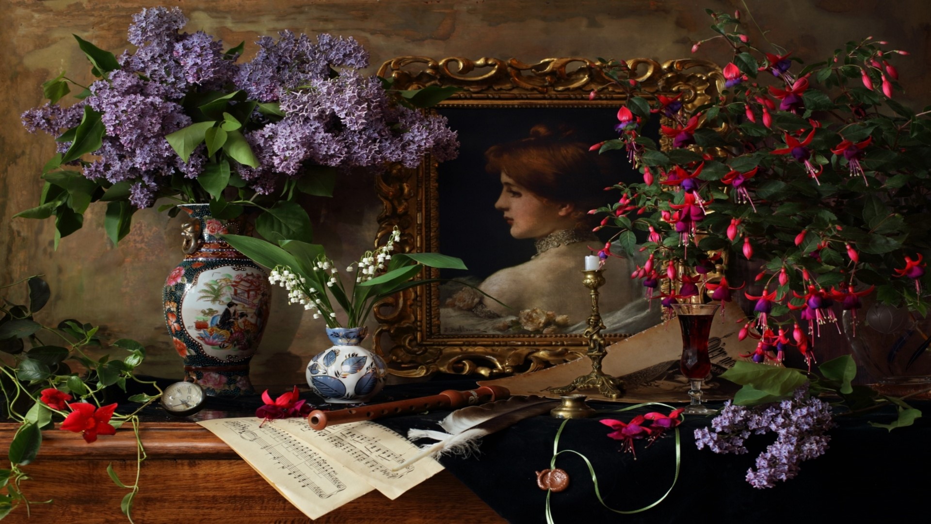 Still life with flowers, portrait, and musical instruments HD Wallpaper