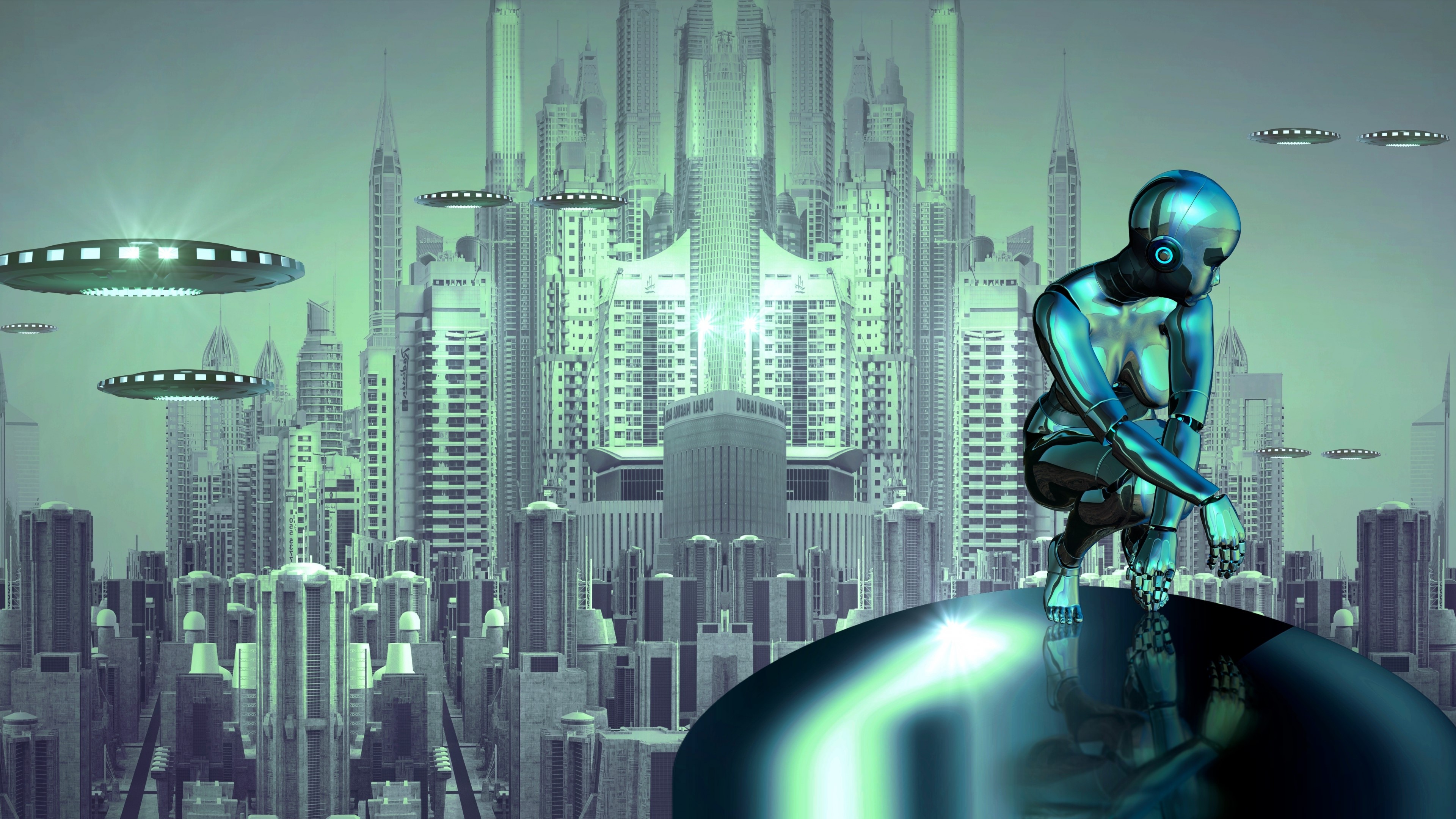 Robot in futuristic city with UFOs HD Wallpaper