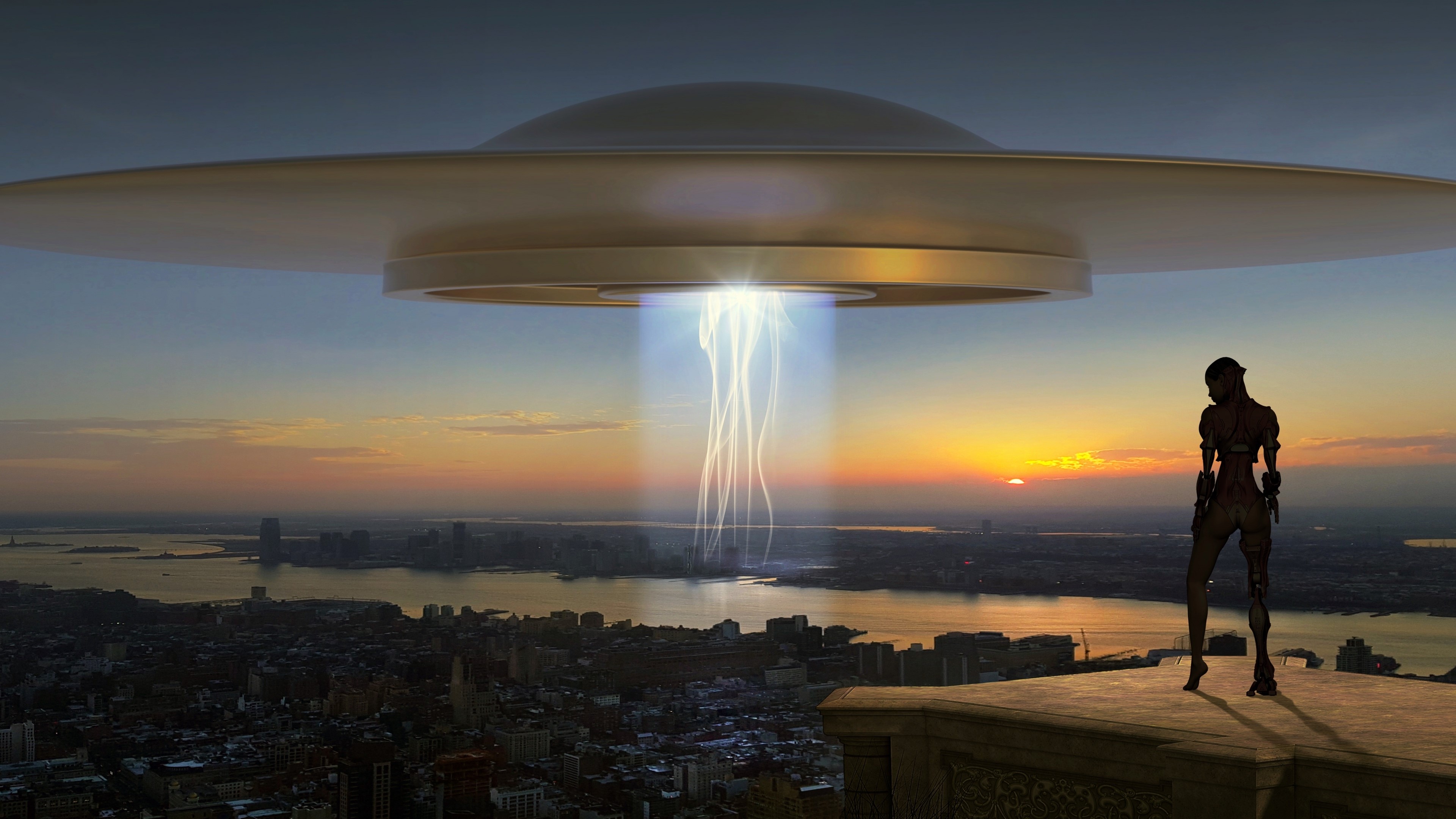 4K UFO over city at sunset HD Wallpaper