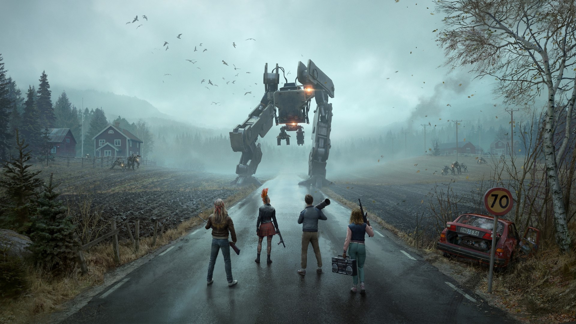 Generation Zero: Four survivors face a giant robot HD Wallpaper