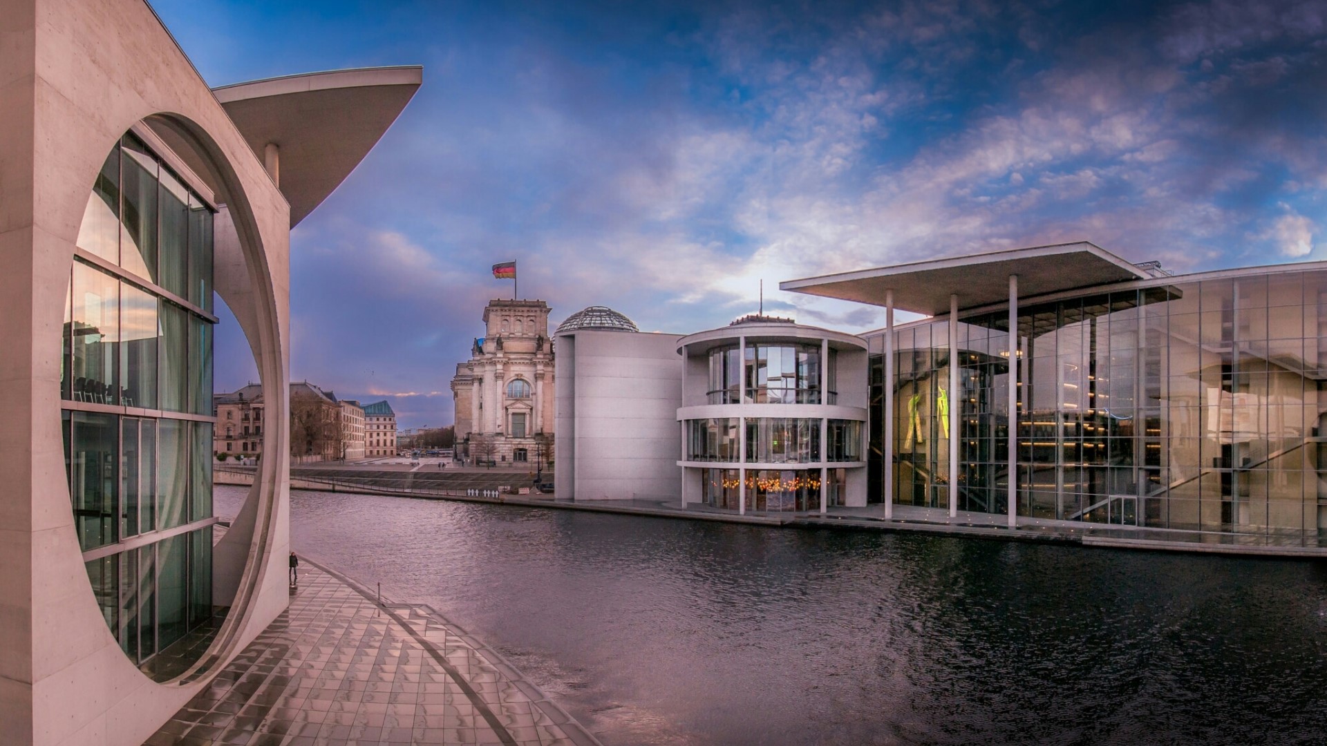 Reichstag Building and modern architecture along the Spree River in Berlin HD Wallpaper