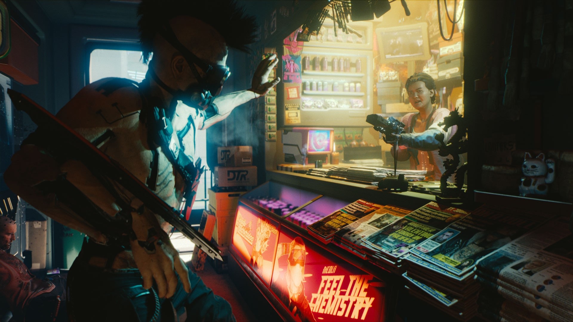 Cyberpunk 2077 character at a store counter HD Wallpaper