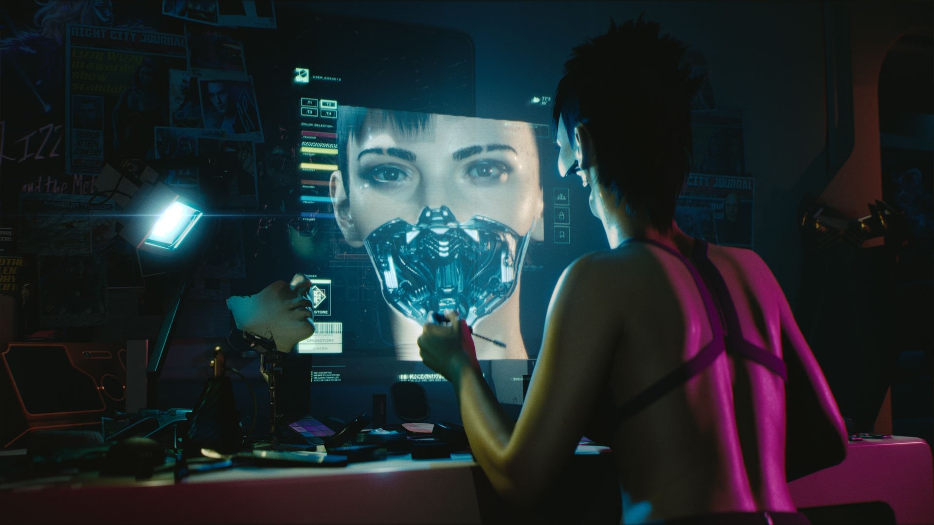 Woman modifying a cybernetic mask in Cyberpunk 2077 HD Wallpaper