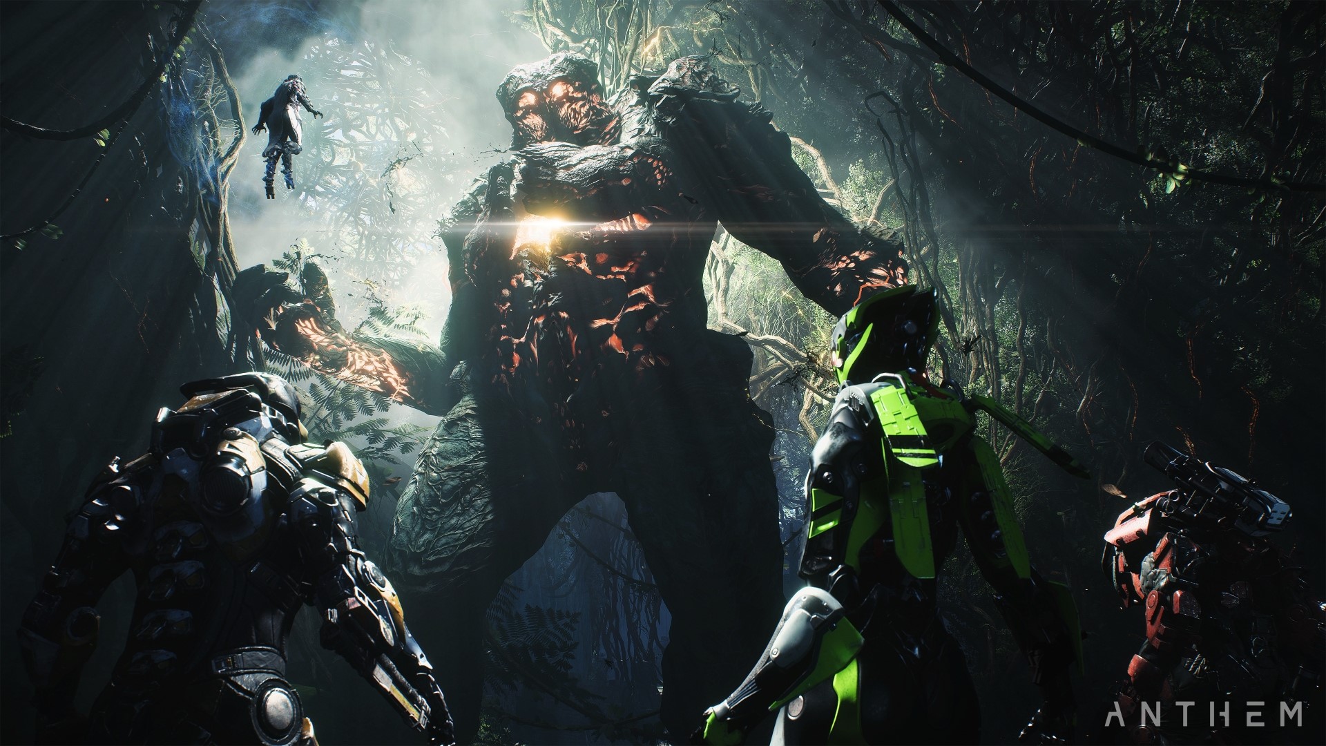 Anthem video game characters fighting a giant monster HD Wallpaper