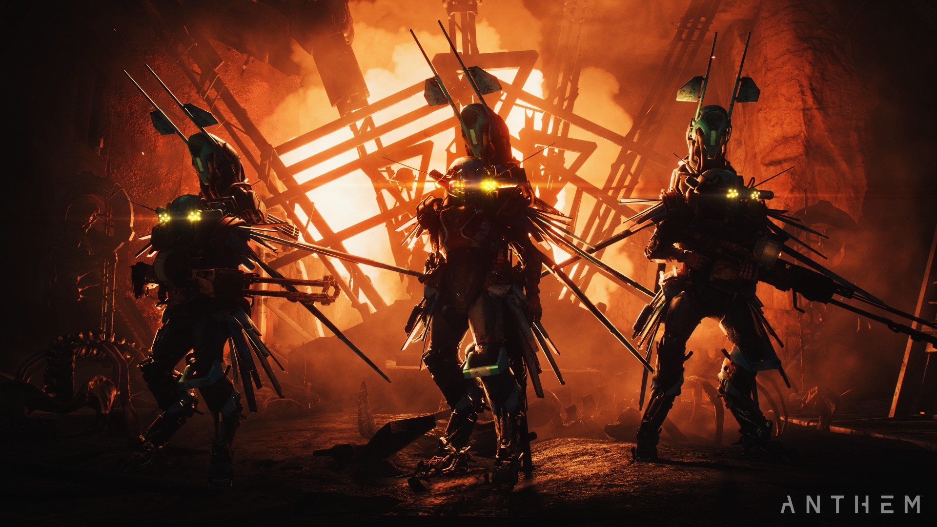 Three armored figures with weapons in a desolate landscape HD Wallpaper