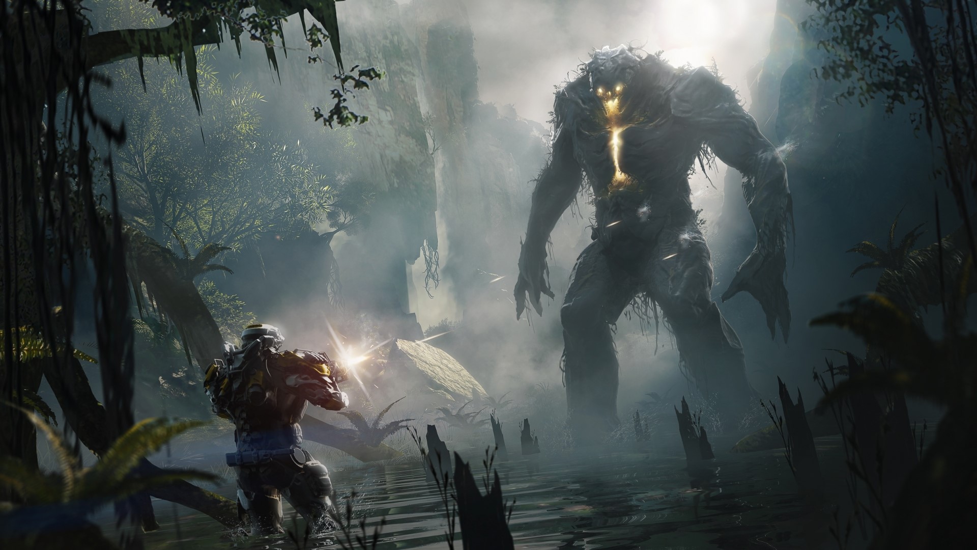 Javelin soldier fighting a giant monster in Anthem HD Wallpaper