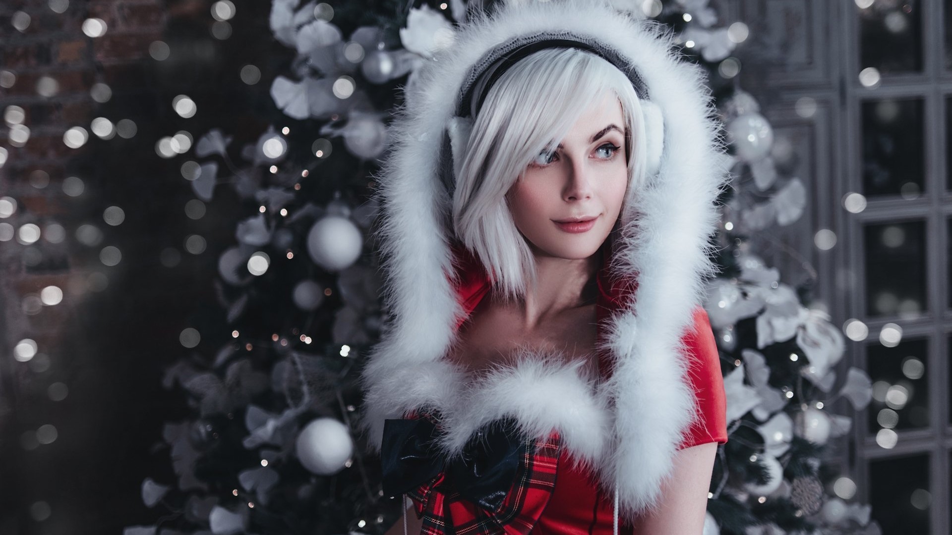 Woman in Santa Outfit with Headphones HD Wallpaper