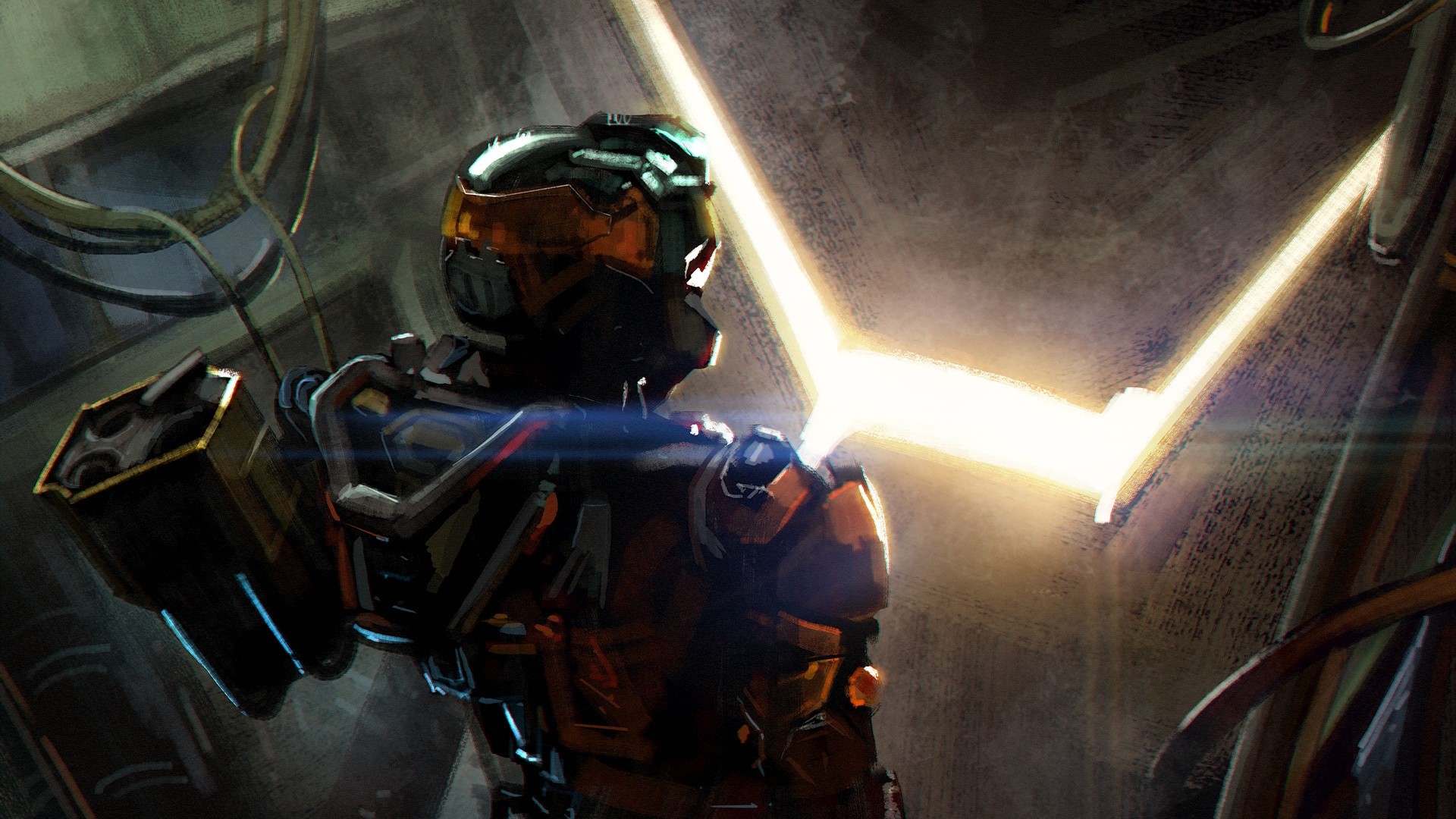 Soldier in orange and black armor with a weapon HD Wallpaper