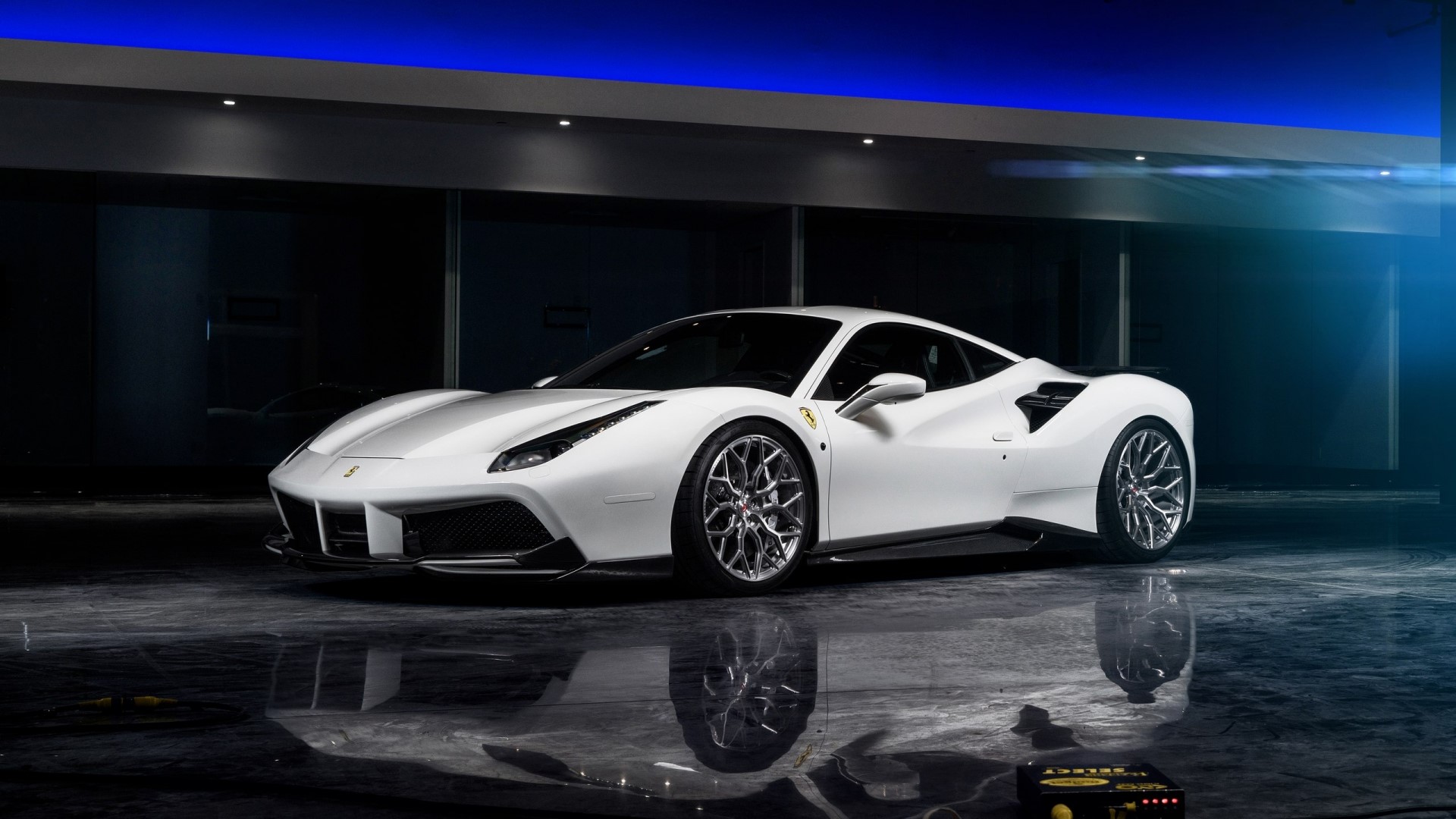 White Ferrari 488 GTB in a modern garage HD Wallpaper