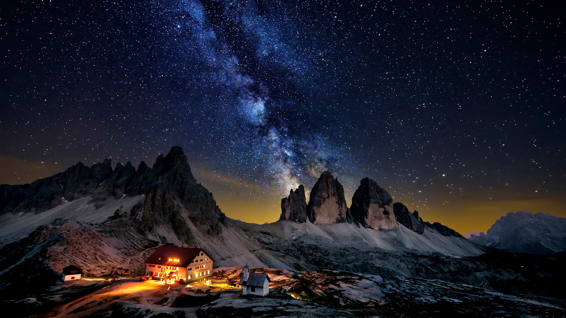 Milky Way over the Dolomites Mountains with a Lodge HD Wallpaper