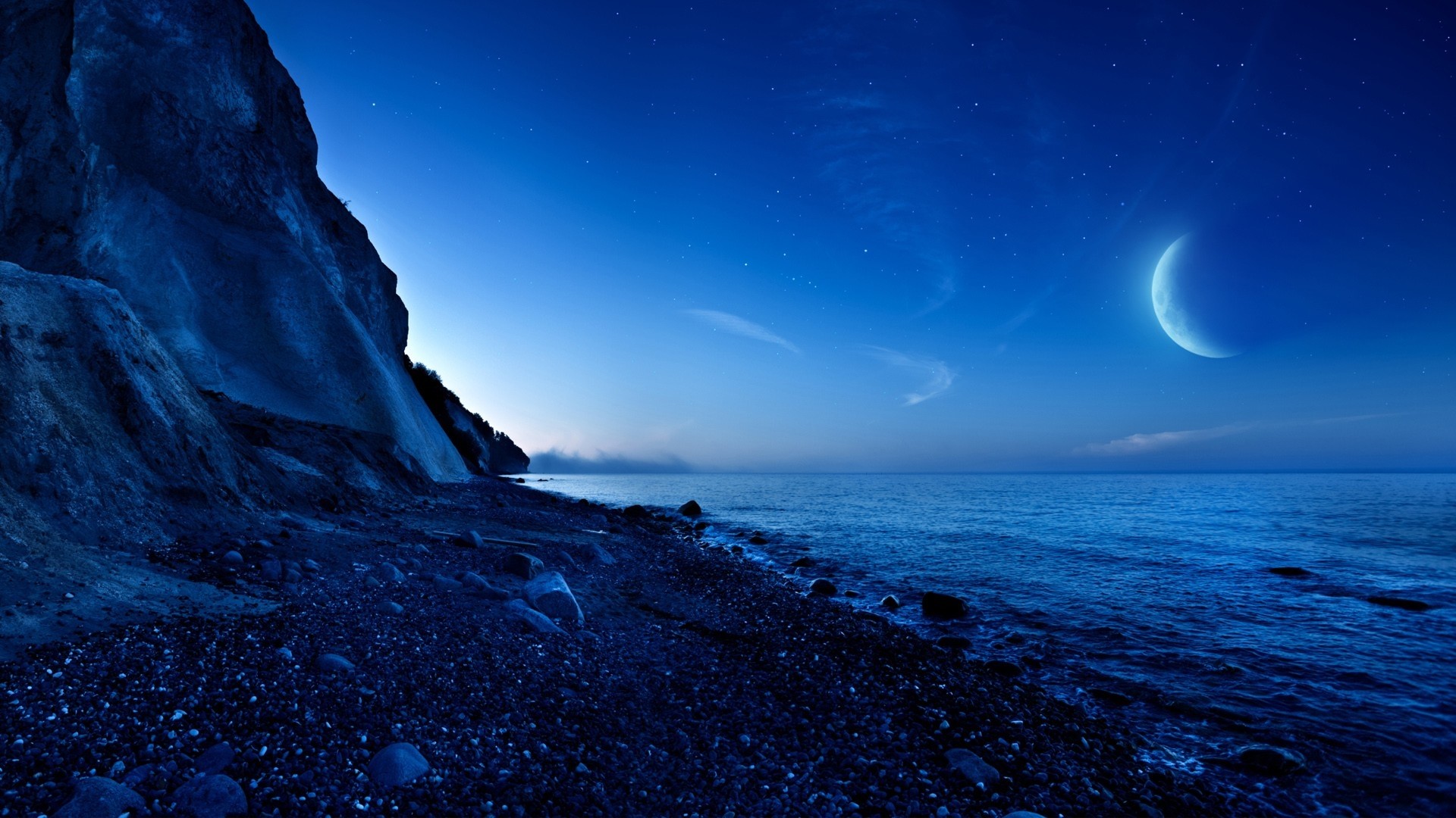 Moonlit Sea and Rocky Shore HD Wallpaper