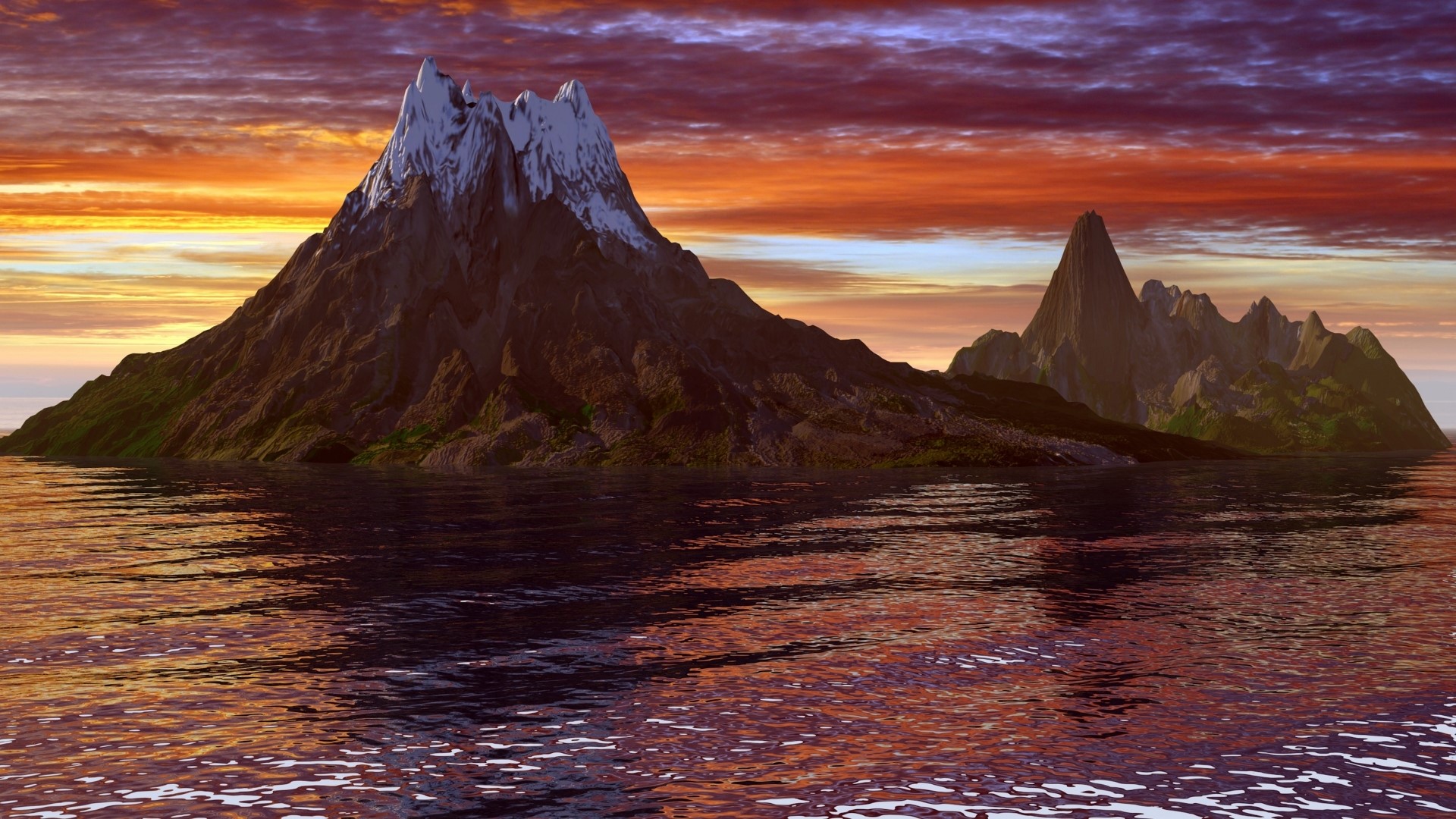 Islands with snow-capped mountains at sunset HD Wallpaper