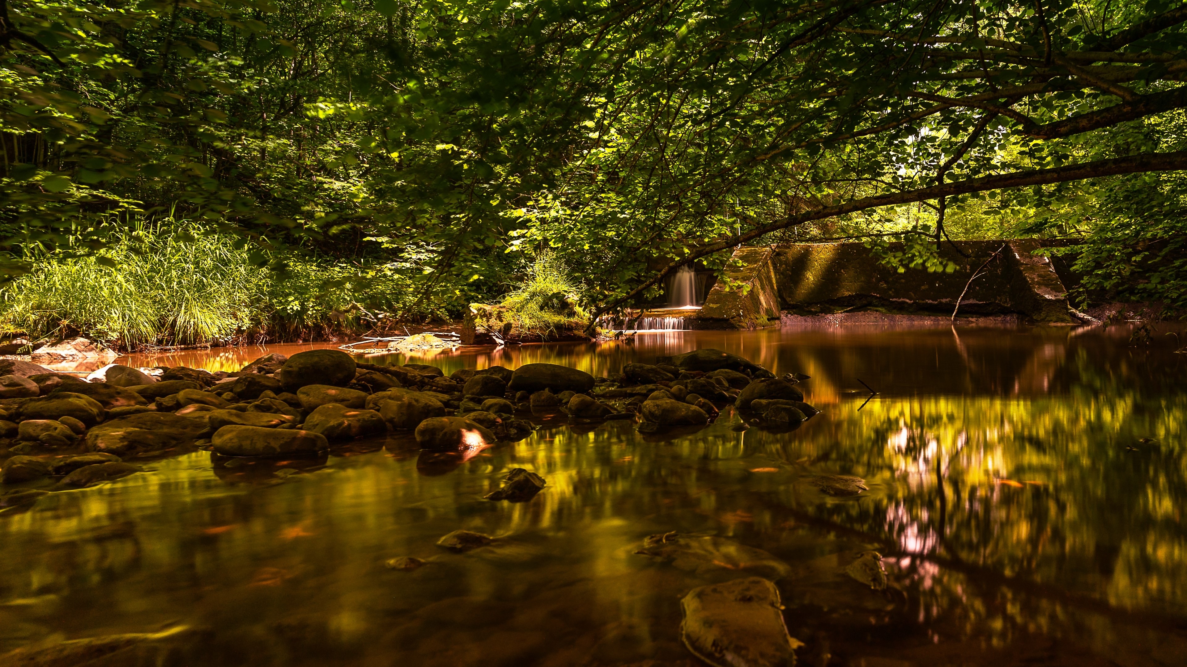 4K Nature Stream with Rocks and Waterfall HD Wallpaper