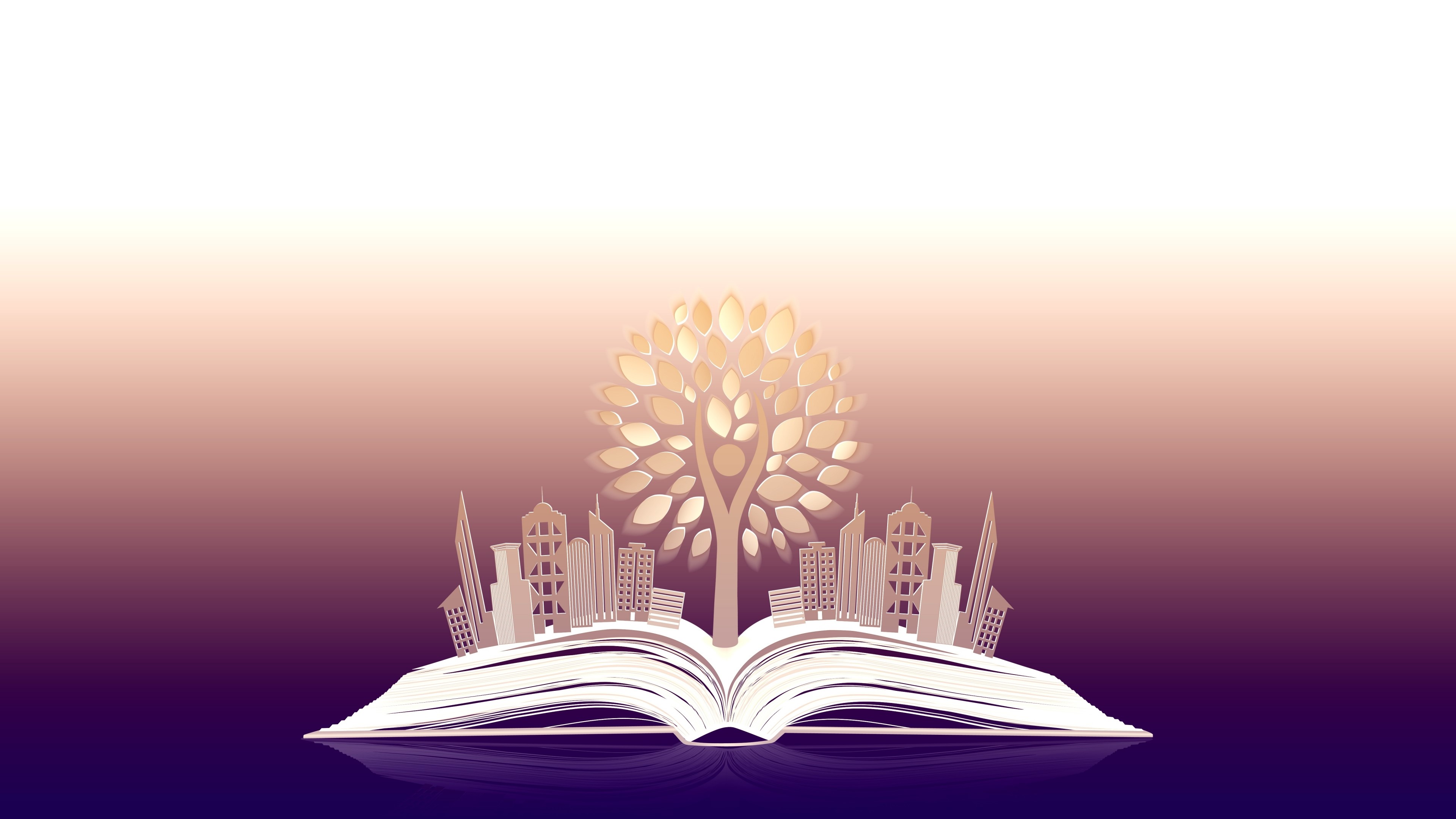 Open book with city and tree illustration HD Wallpaper