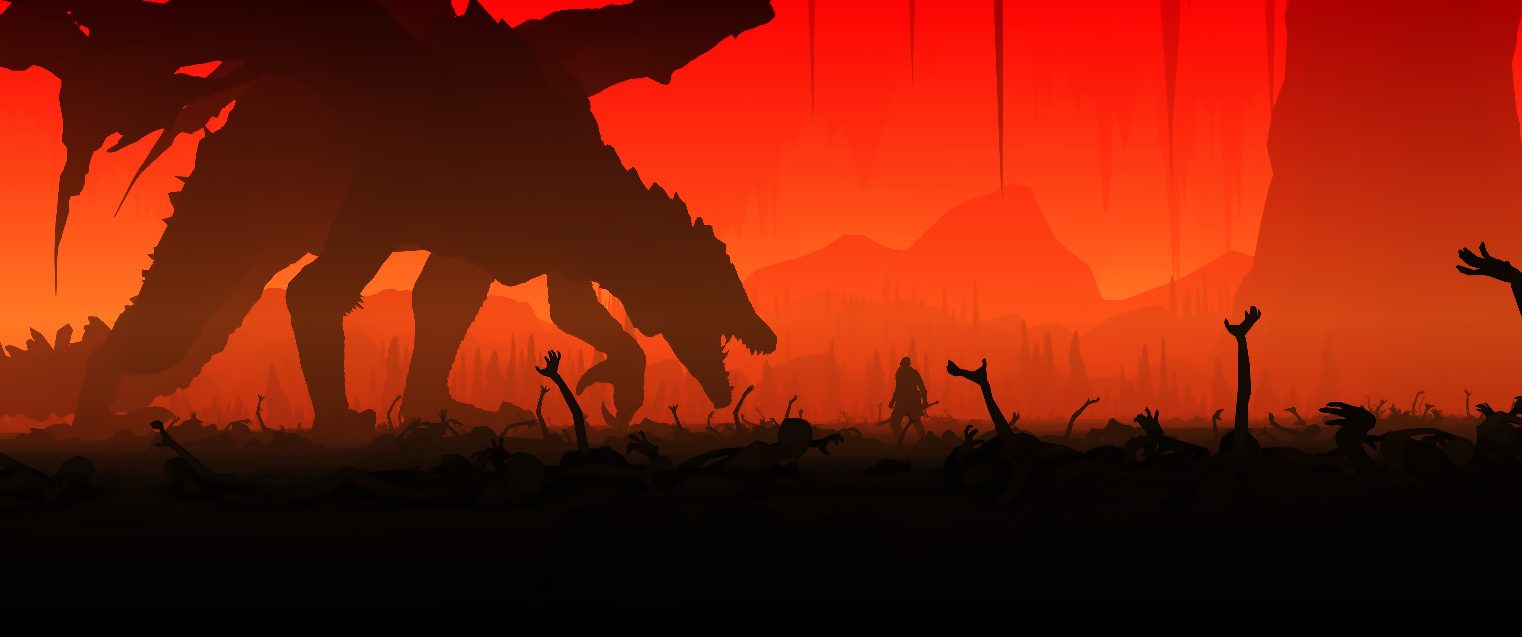 Dragon and warrior in a desolate landscape 4K HD Wallpaper