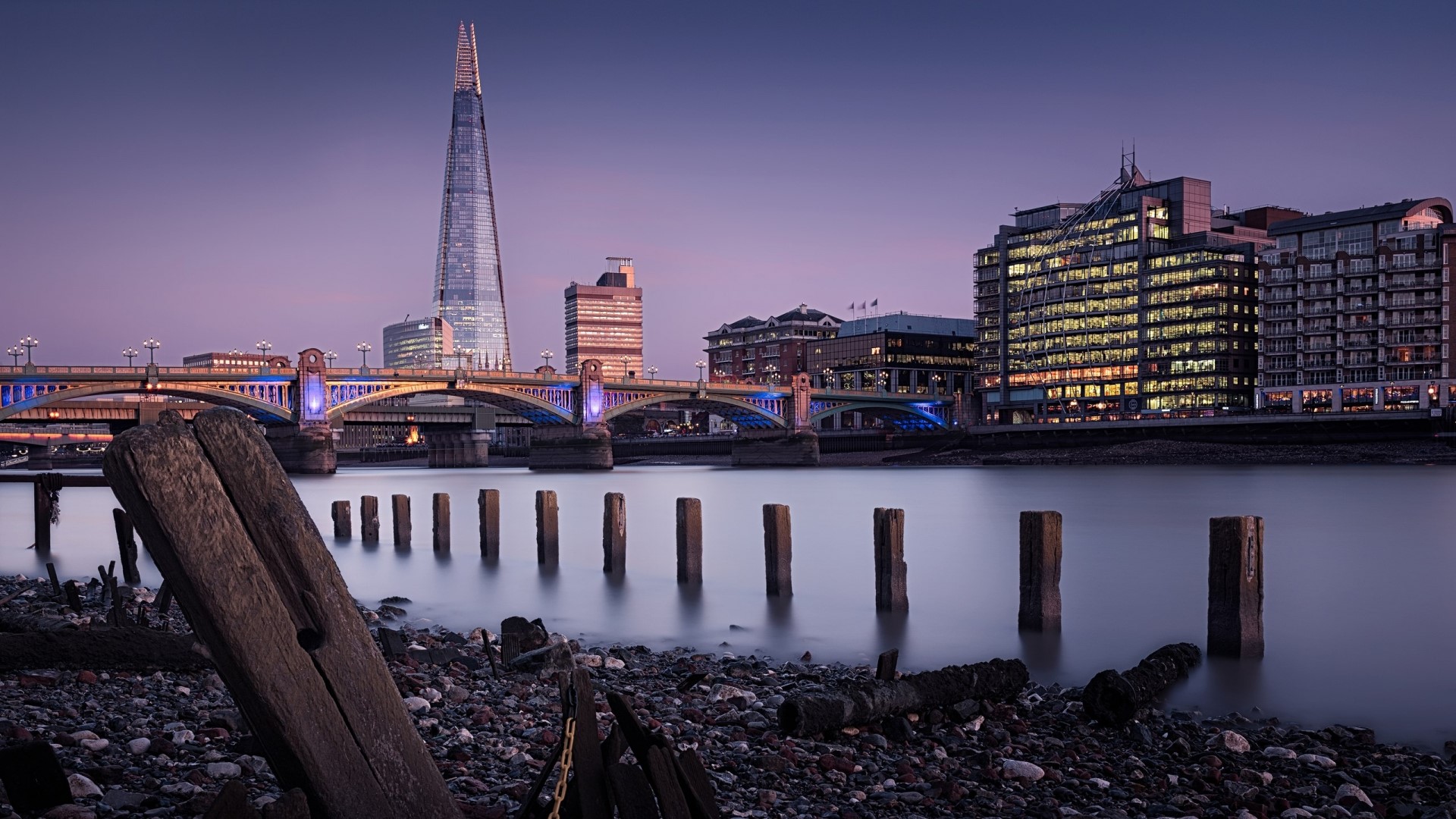 London skyline with The Shard and bridge at dusk HD Wallpaper