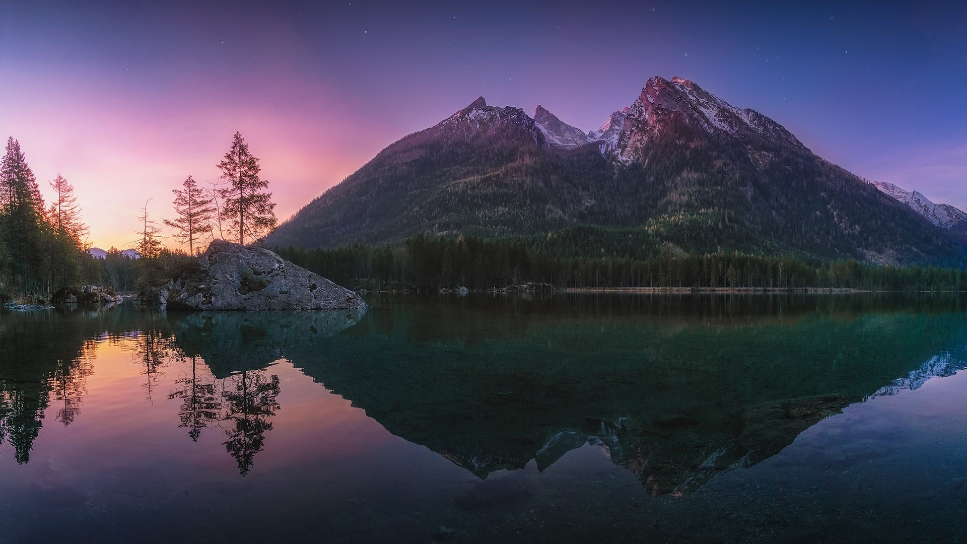 Hintersee lake and mountains at dusk HD Wallpaper