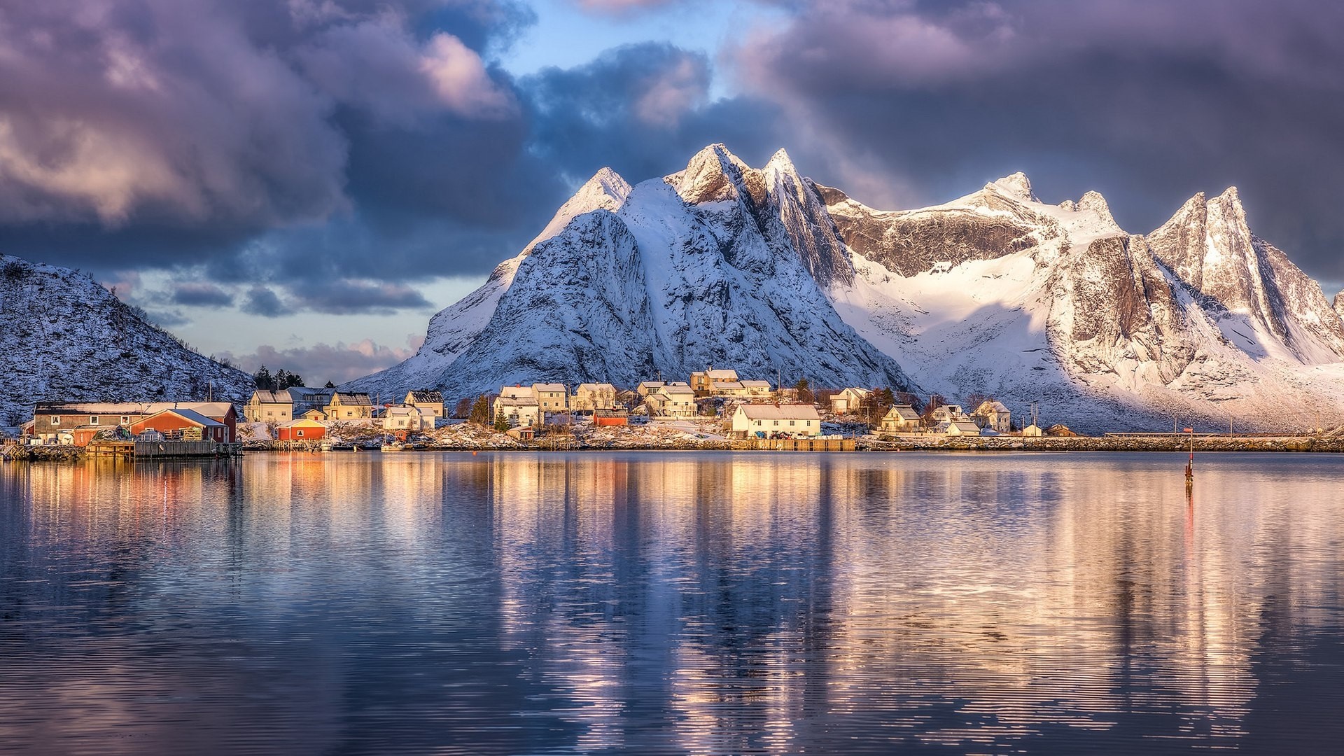 Snowy mountains over a village on Lofoten Islands, Norway HD Wallpaper