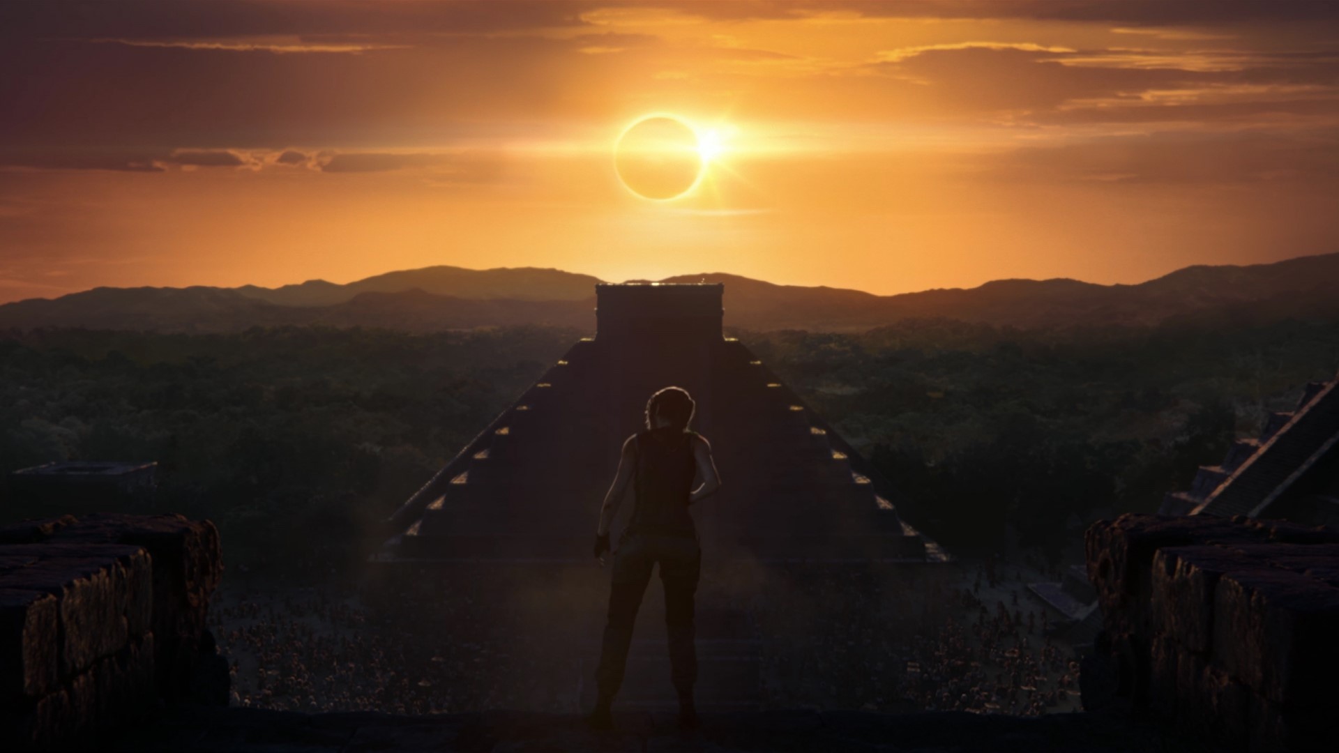 Lara Croft in Shadow of the Tomb Raider during an eclipse HD Wallpaper