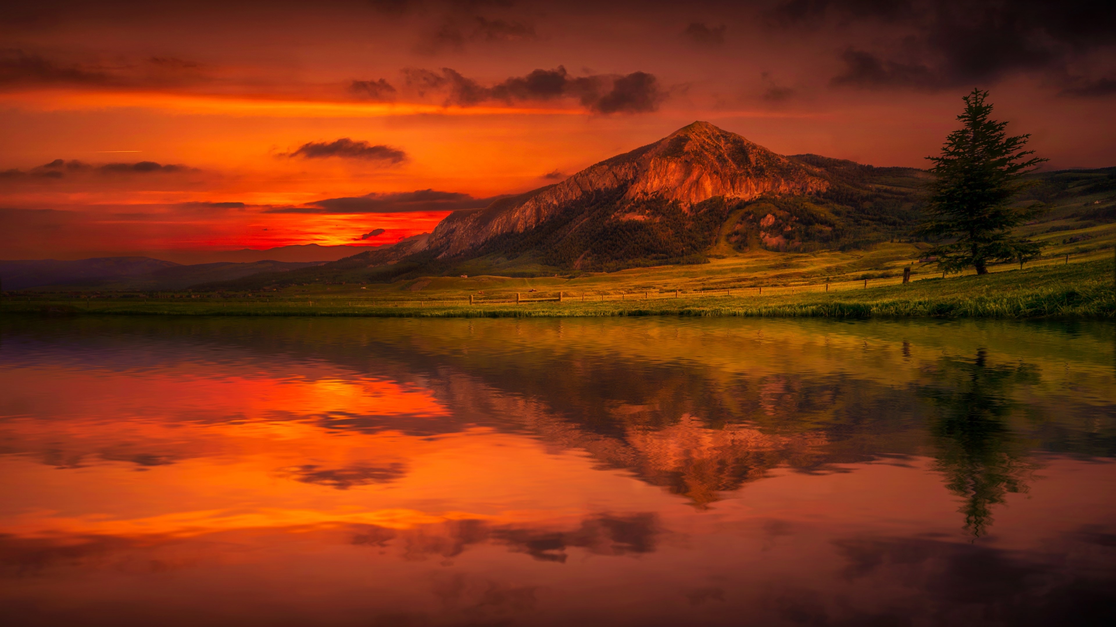 Mountain reflection at sunset 4K HD Wallpaper