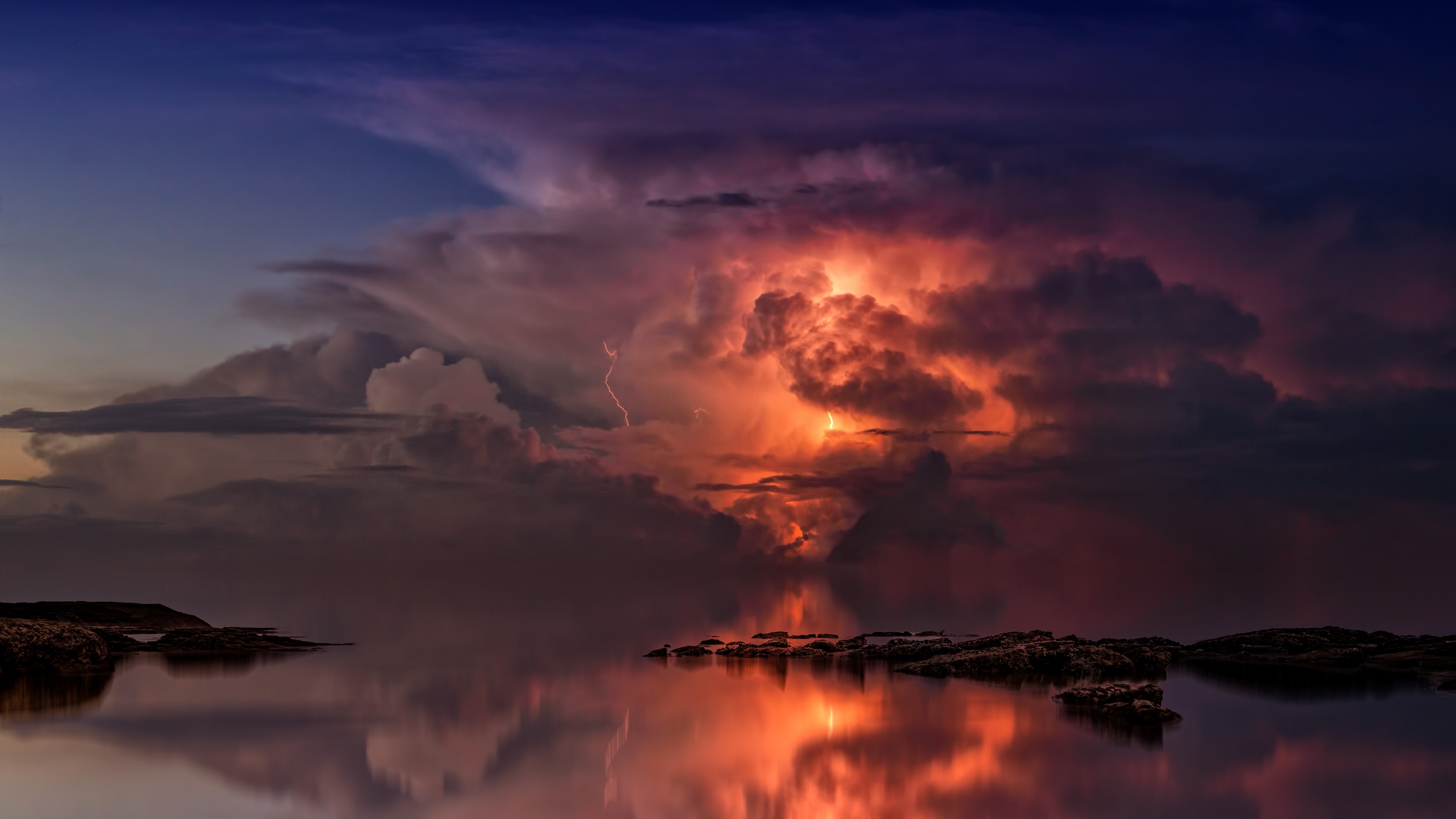 4K Dusk Lightning Storm Over Water HD Wallpaper