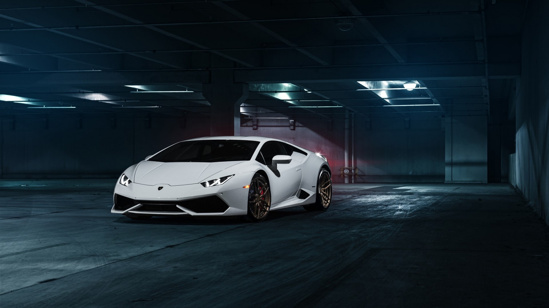 White Lamborghini Huracan LP 610-4 in parking garage HD Wallpaper