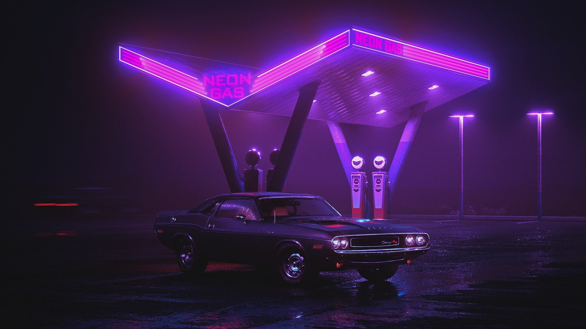 Dodge Challenger at a neon gas station HD Wallpaper