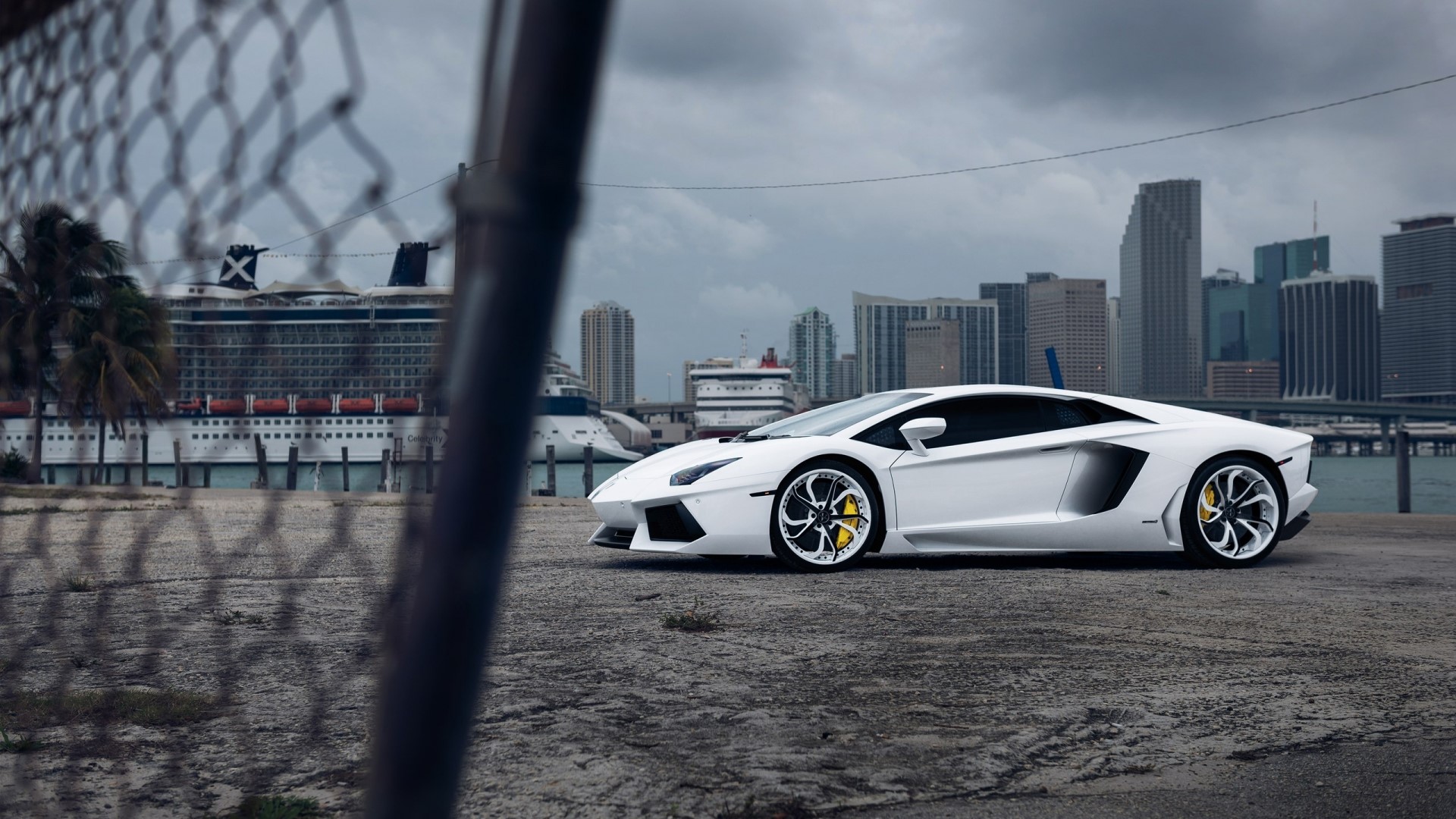 White Lamborghini Aventador LP 700-4 with Miami Skyline HD Wallpaper