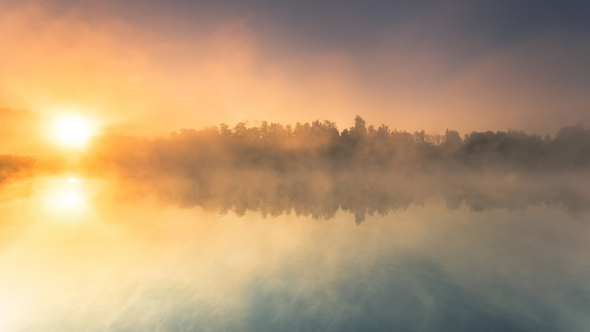 Sunrise over a foggy lake with trees HD Wallpaper