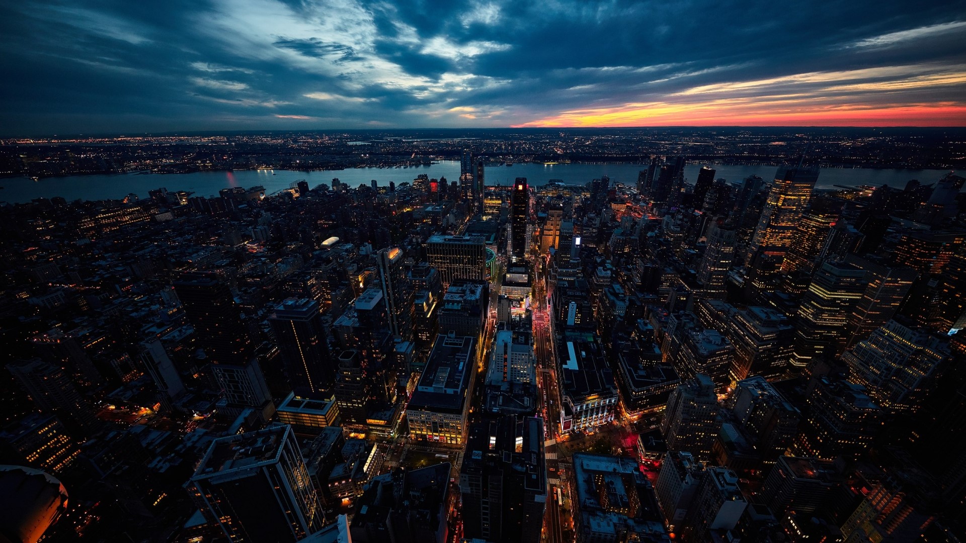Aerial view of New York City skyline at dusk HD Wallpaper