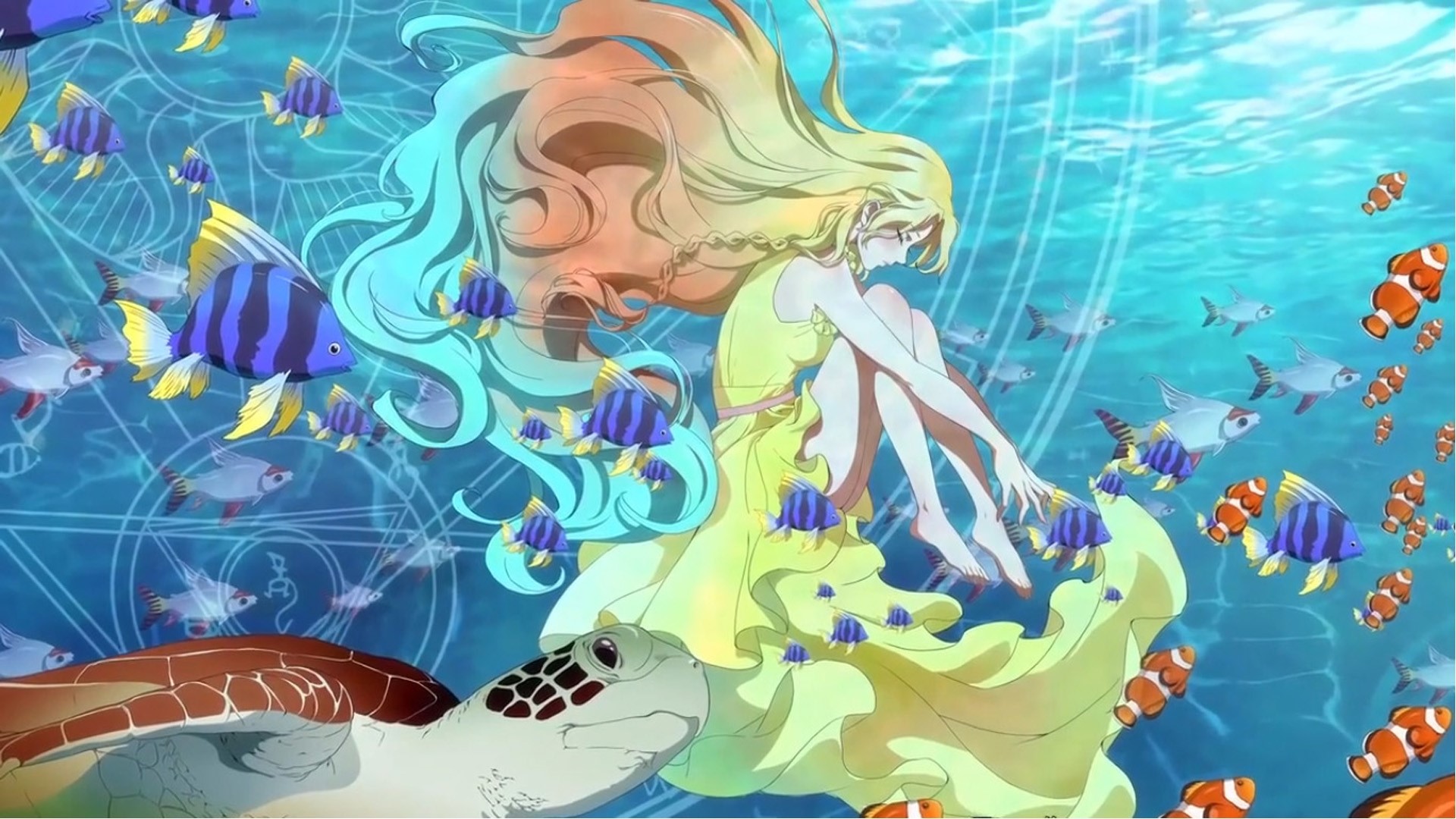 Anime girl with long hair underwater with fish and turtle HD Wallpaper