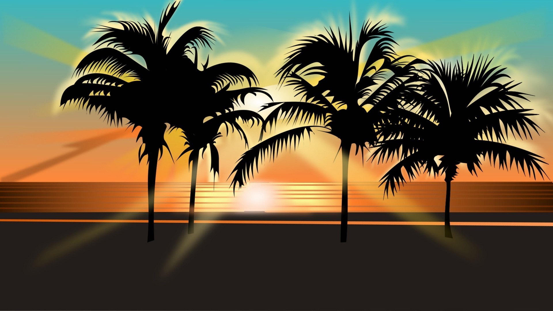 Palm trees silhouetted against a tropical sunset HD Wallpaper