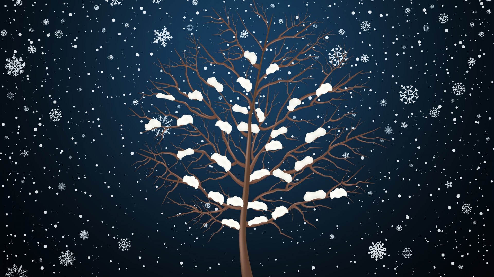 Minimalistic winter tree with snow and snowflakes HD Wallpaper
