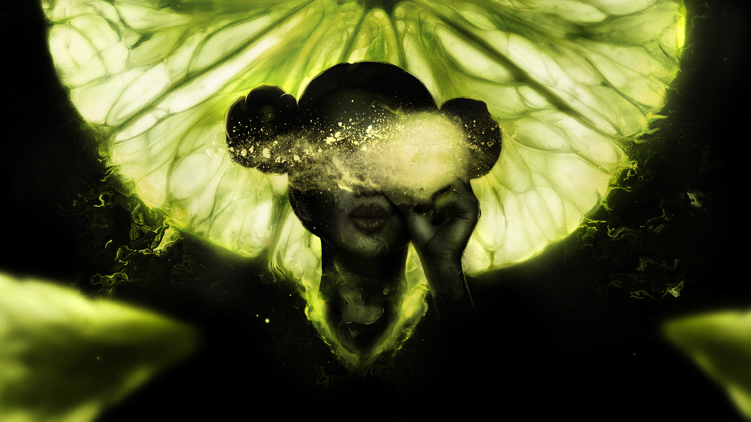 Girl with exploding head against lime slice HD Wallpaper