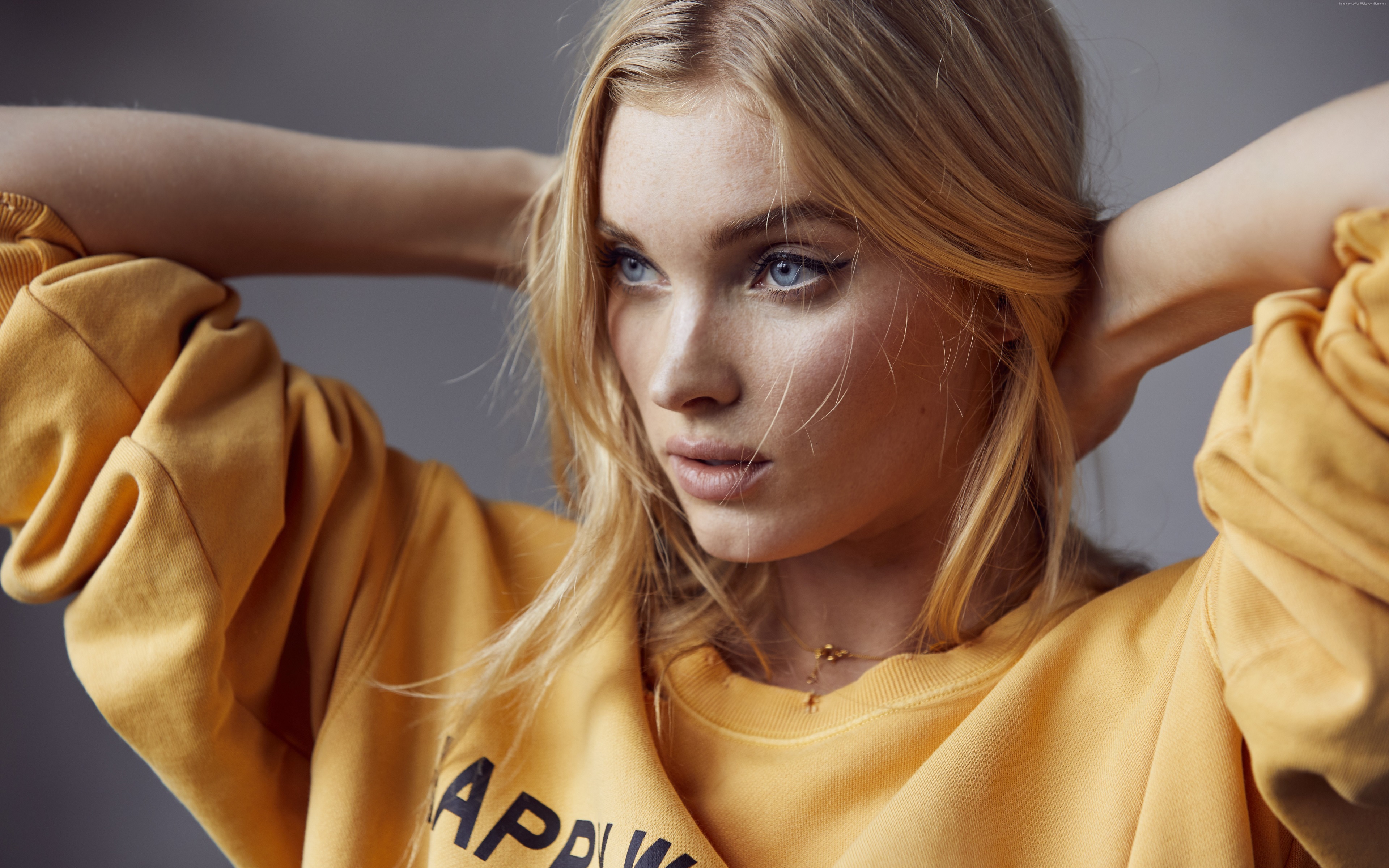 Elsa Hosk wearing a yellow sweatshirt HD Wallpaper