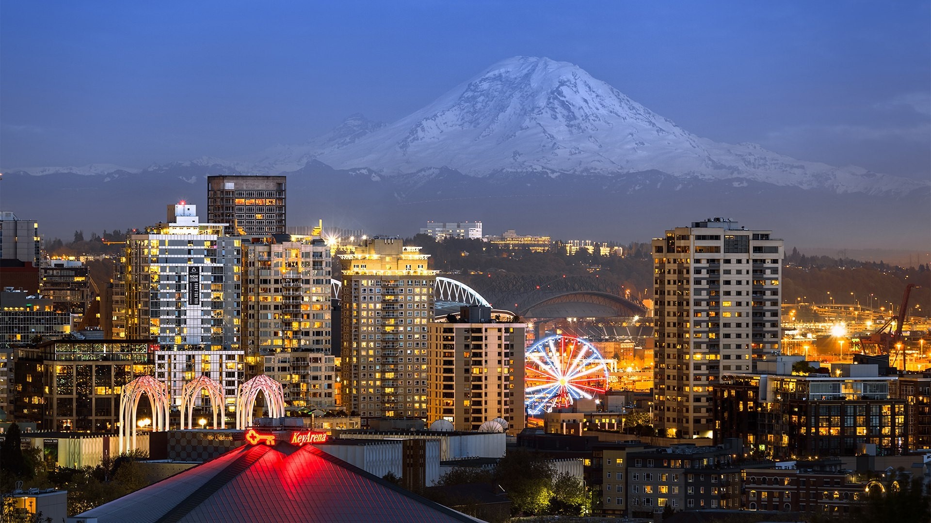 Seattle Skyline with Mount Rainier at Dusk HD Wallpaper