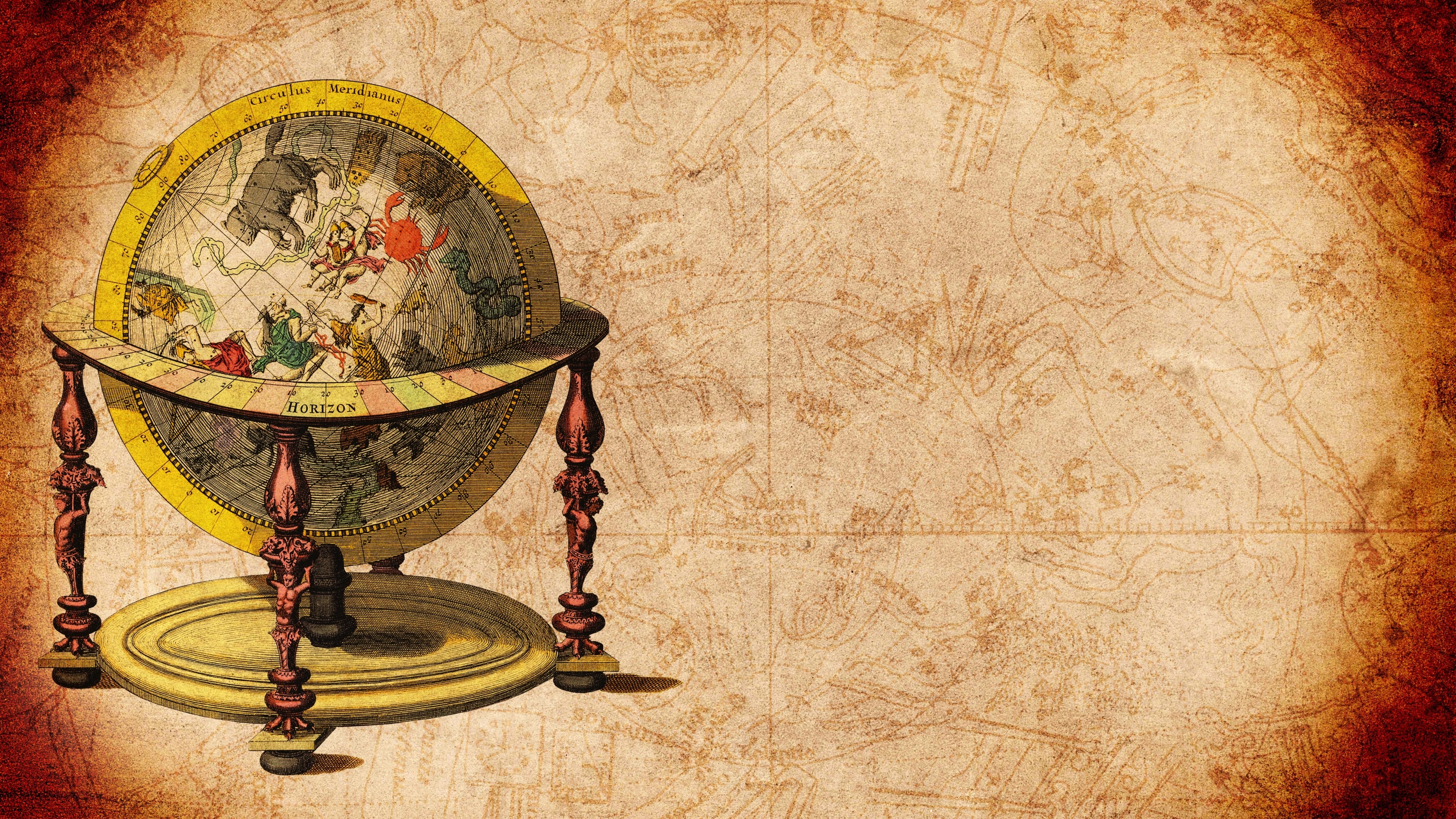Antique Celestial Globe on a Map HD Wallpaper