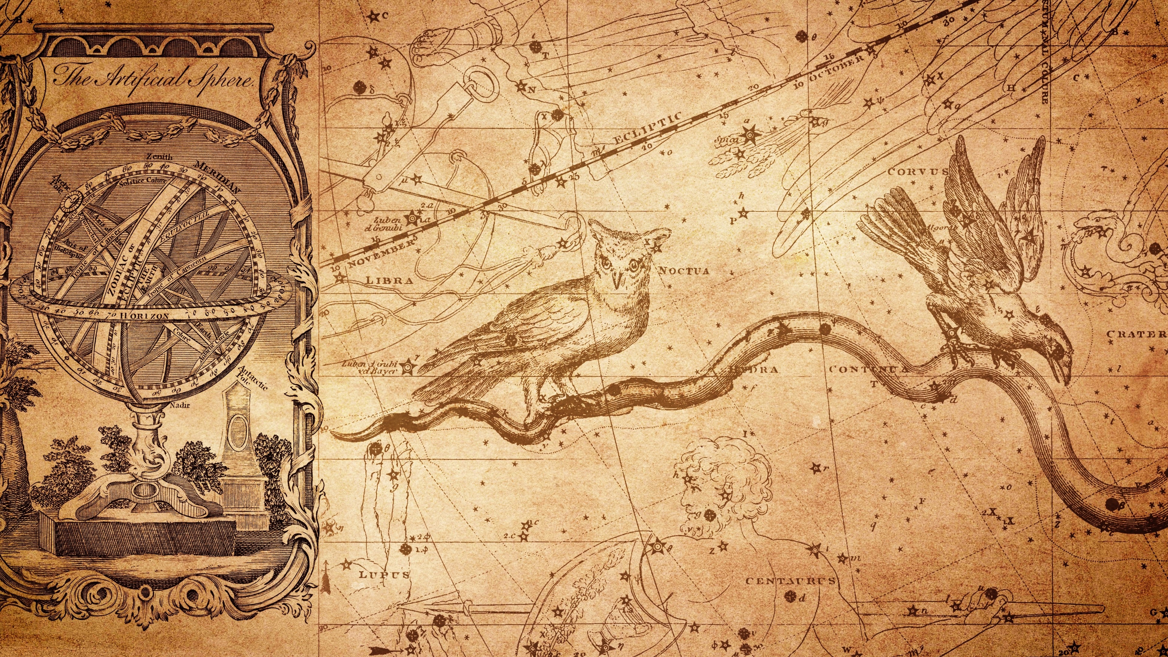 4K Celestial Map with Armillary Sphere and Constellations HD Wallpaper